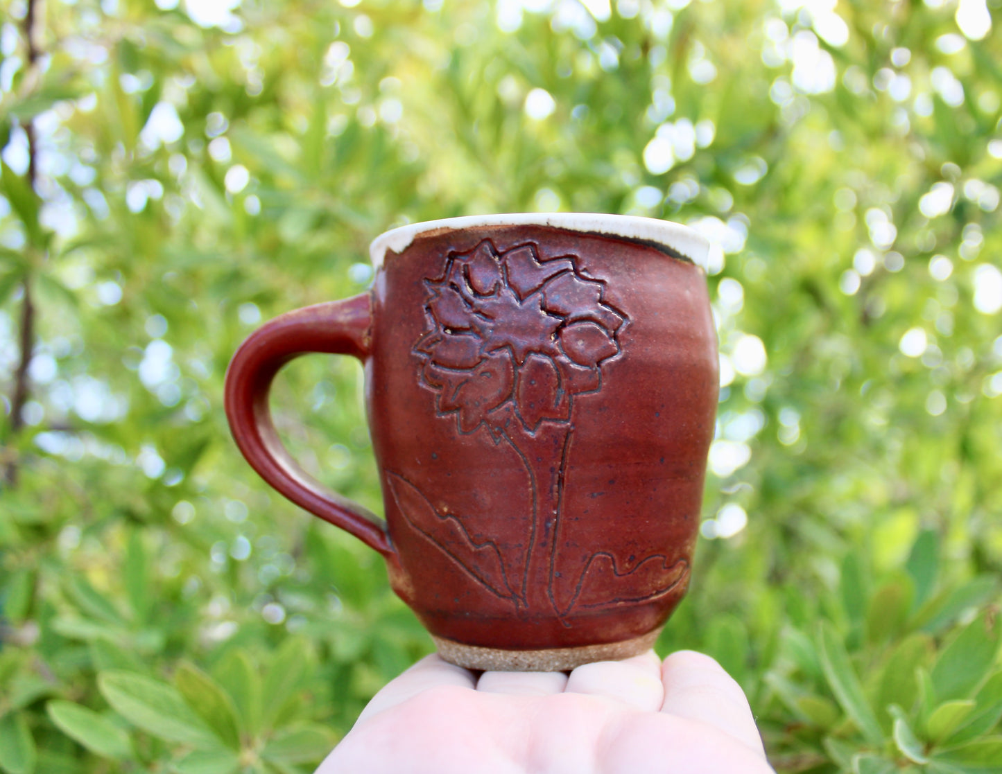 Etched Flower Decoration on Shaner Red Glazed Mug - 8oz Vintage Studio Pottery w/ Vellum Shaner-Red Glaze - Highly Speckled Matte White Interior - Handcrafted Studio Pottery