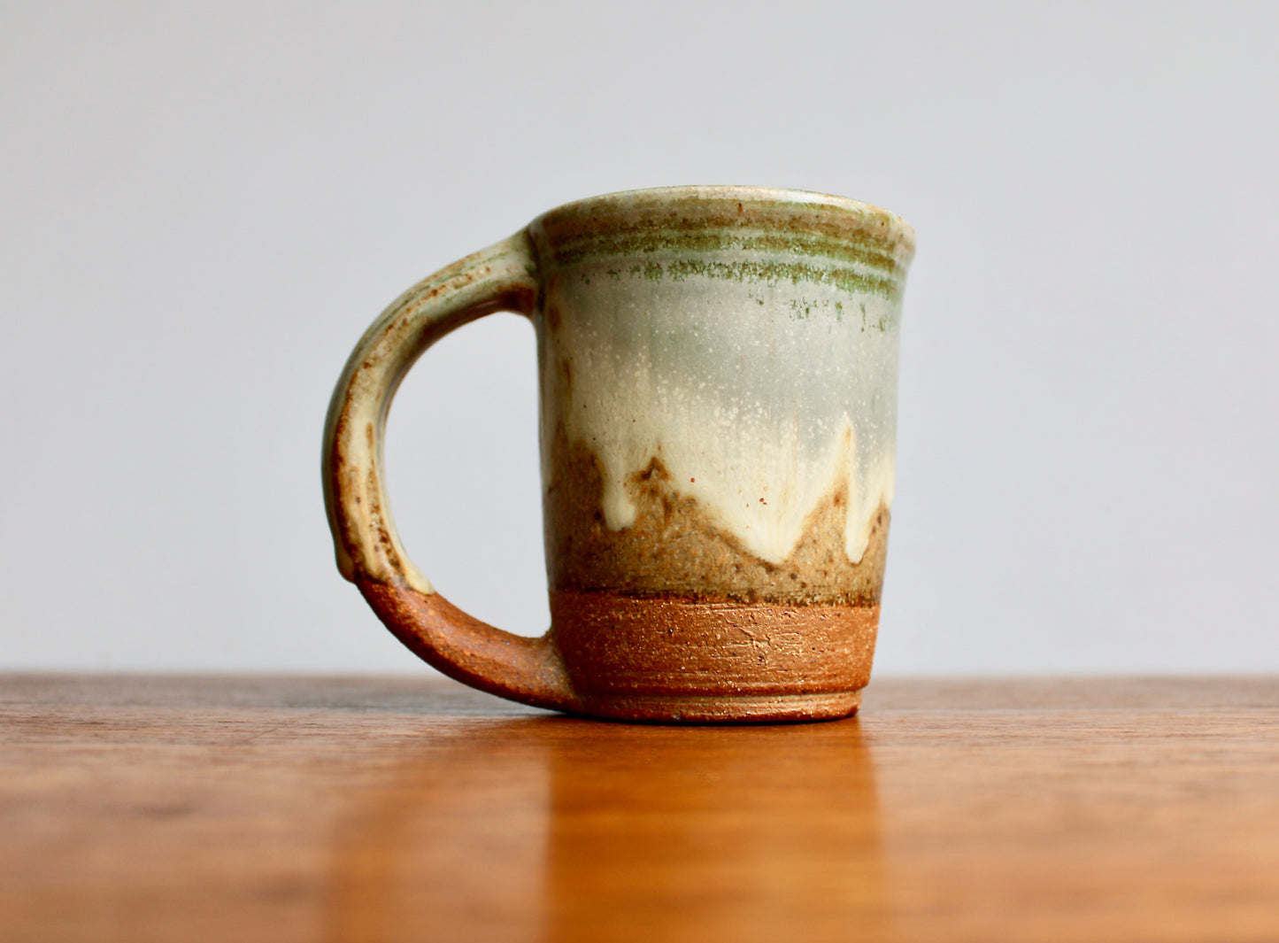 Green & Dove-Grey Landscape Glazed Stoneware Mug - Handcrafted Vtg Studio Pottery Mug
