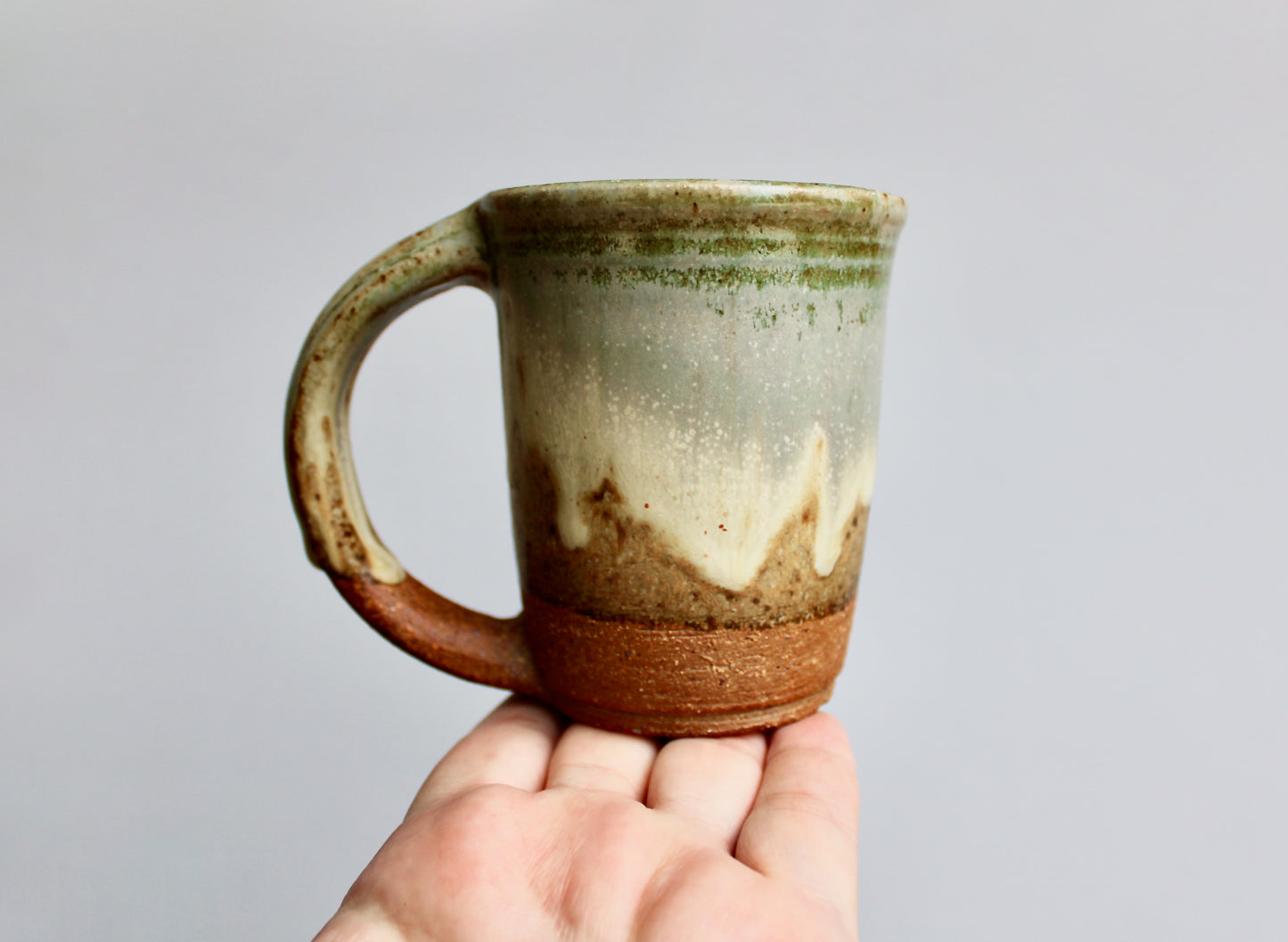 Green & Dove-Grey Landscape Glazed Stoneware Mug - Handcrafted Vtg Studio Pottery Mug