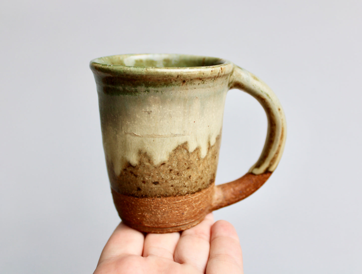 Green & Dove-Grey Landscape Glazed Stoneware Mug - Handcrafted Vtg Studio Pottery Mug