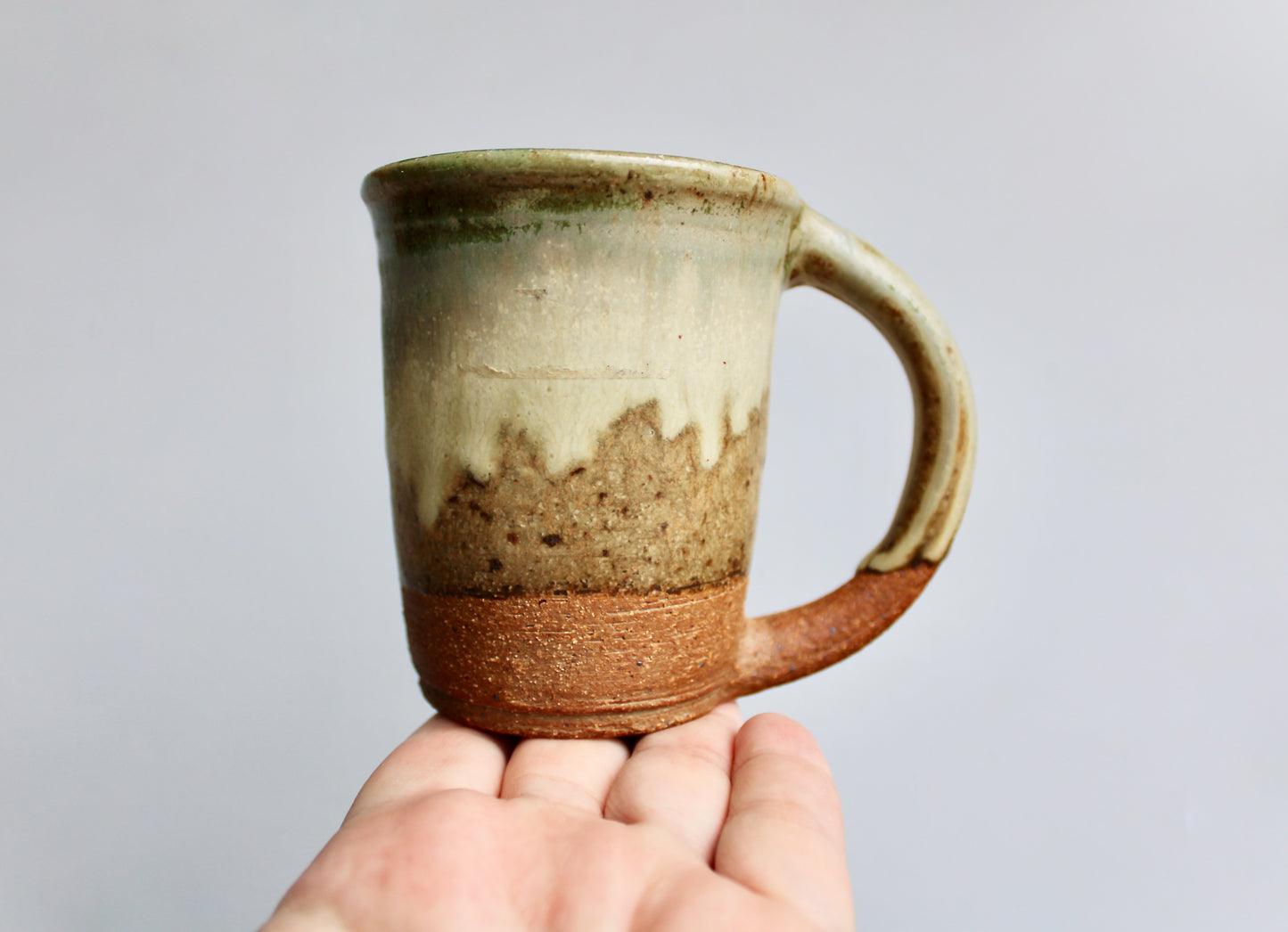 Green & Dove-Grey Landscape Glazed Stoneware Mug - Handcrafted Vtg Studio Pottery Mug