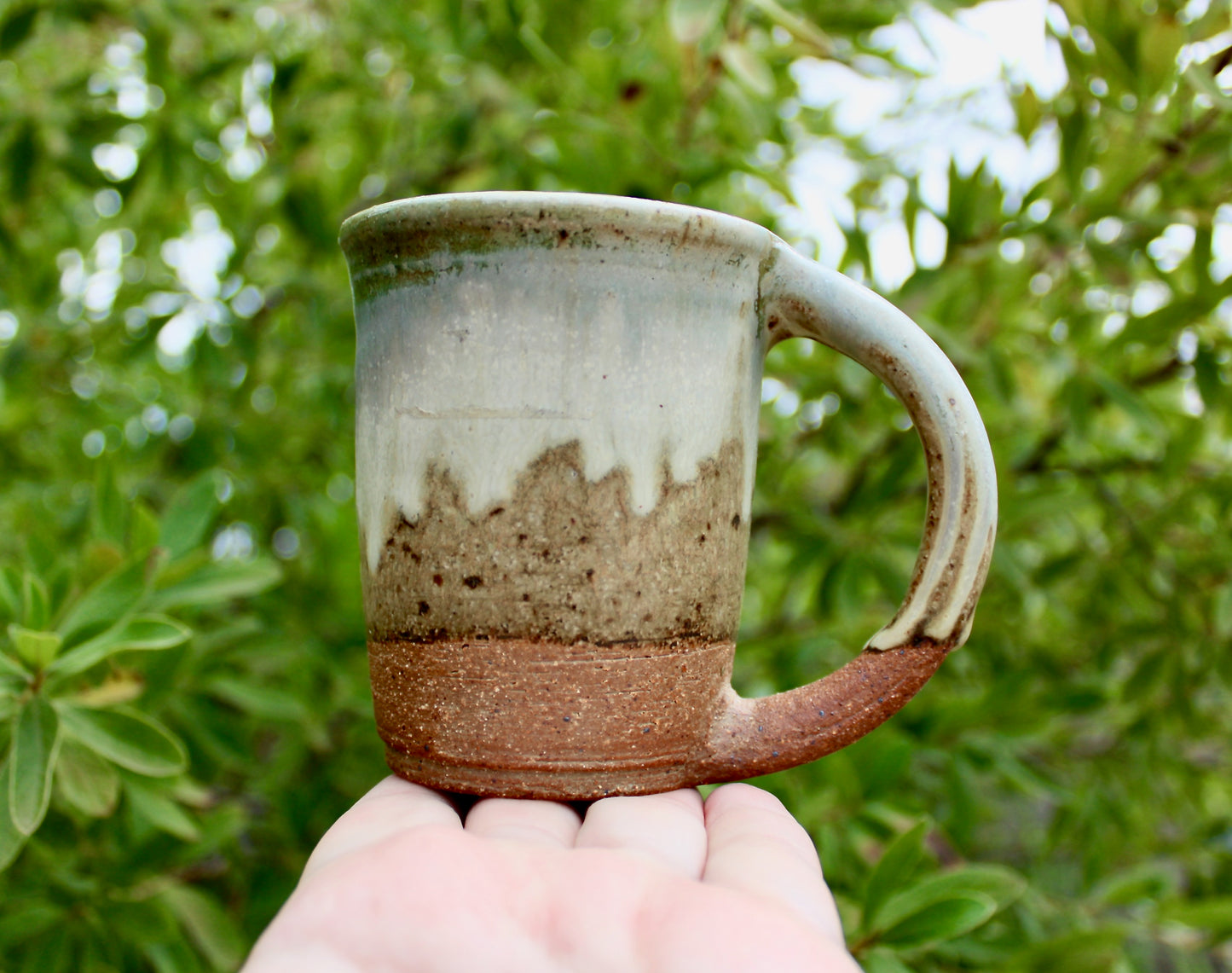 Green & Dove-Grey Landscape Glazed Stoneware Mug - Handcrafted Vtg Studio Pottery Mug
