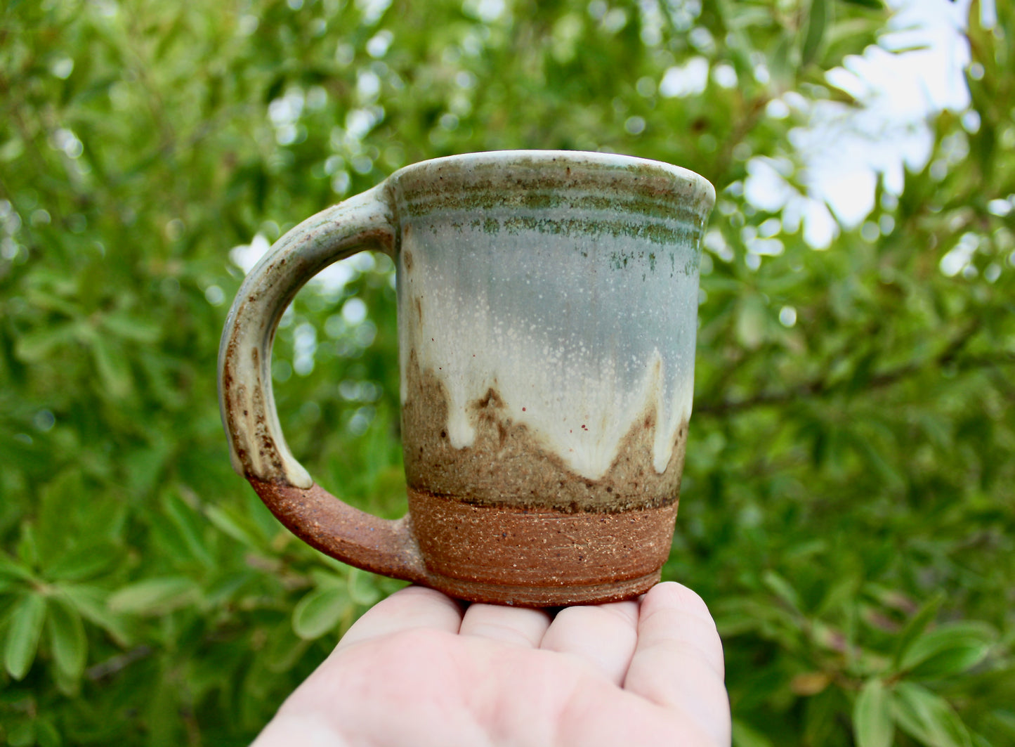 Green & Dove-Grey Landscape Glazed Stoneware Mug - Handcrafted Vtg Studio Pottery Mug