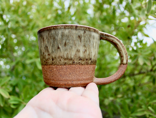 Olive Green & Ochre Glazed Stoneware Mug - Cactus Hand Mark -  Handcrafted Minimalist Studio Pottery Mug