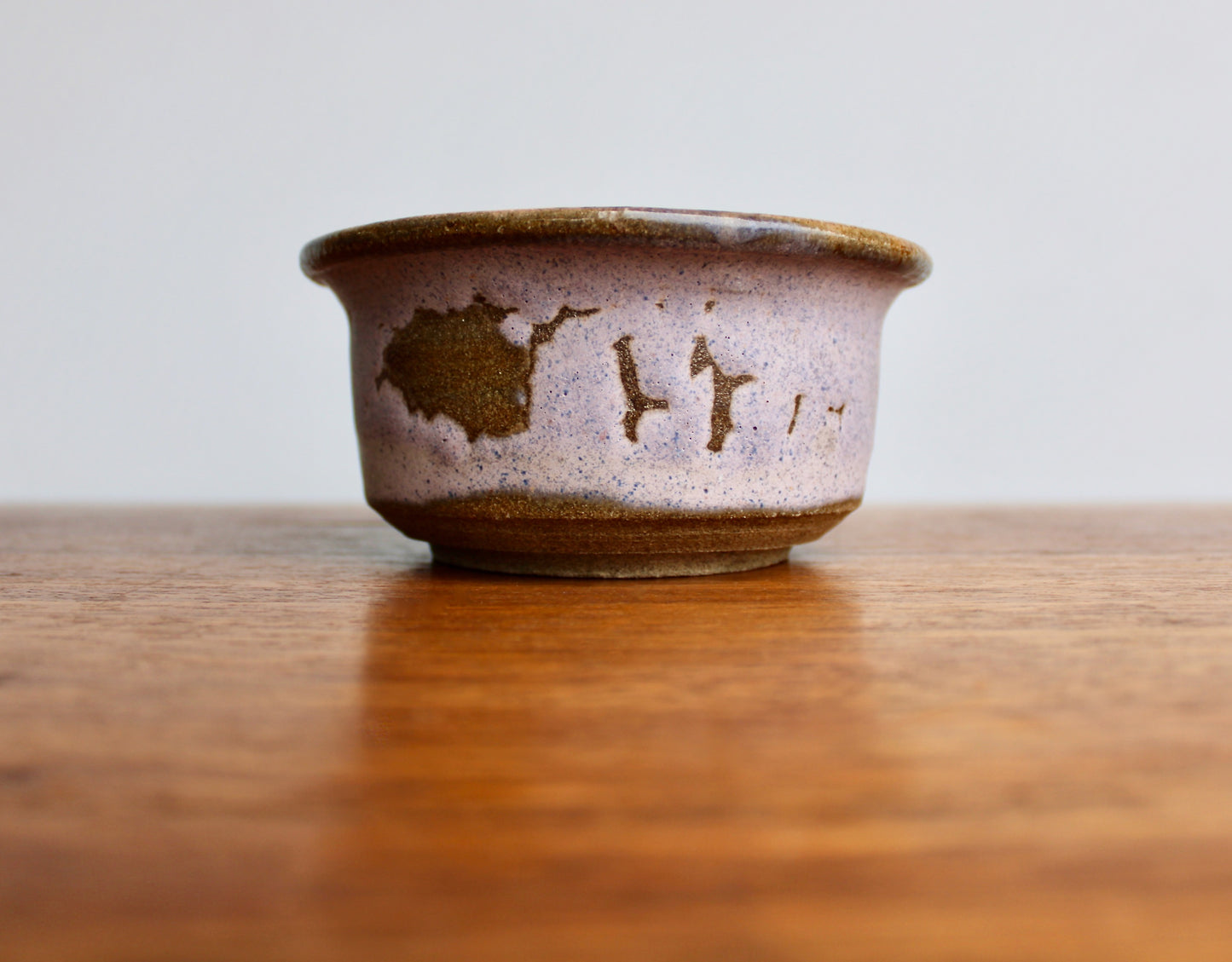 JK Pottery Stoneware Bowl - Crawling Matte Purple Exterior w/ Marbled Glossy Pink Rim & Orange-Yellow Interior - Vintage Handcrafted Studio Pottery