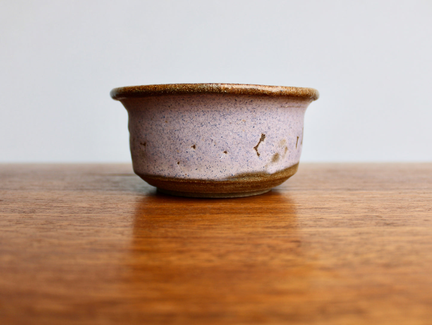 JK Pottery Stoneware Bowl - Crawling Matte Purple Exterior w/ Marbled Glossy Pink Rim & Orange-Yellow Interior - Vintage Handcrafted Studio Pottery