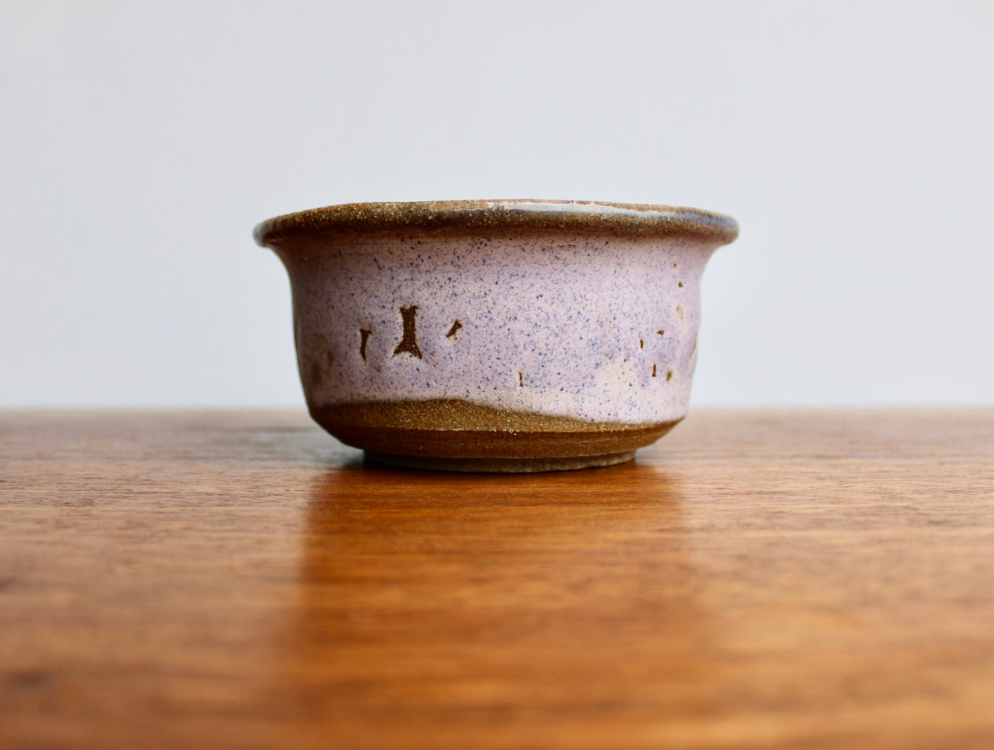 JK Pottery Stoneware Bowl - Crawling Matte Purple Exterior w/ Marbled Glossy Pink Rim & Orange-Yellow Interior - Vintage Handcrafted Studio Pottery