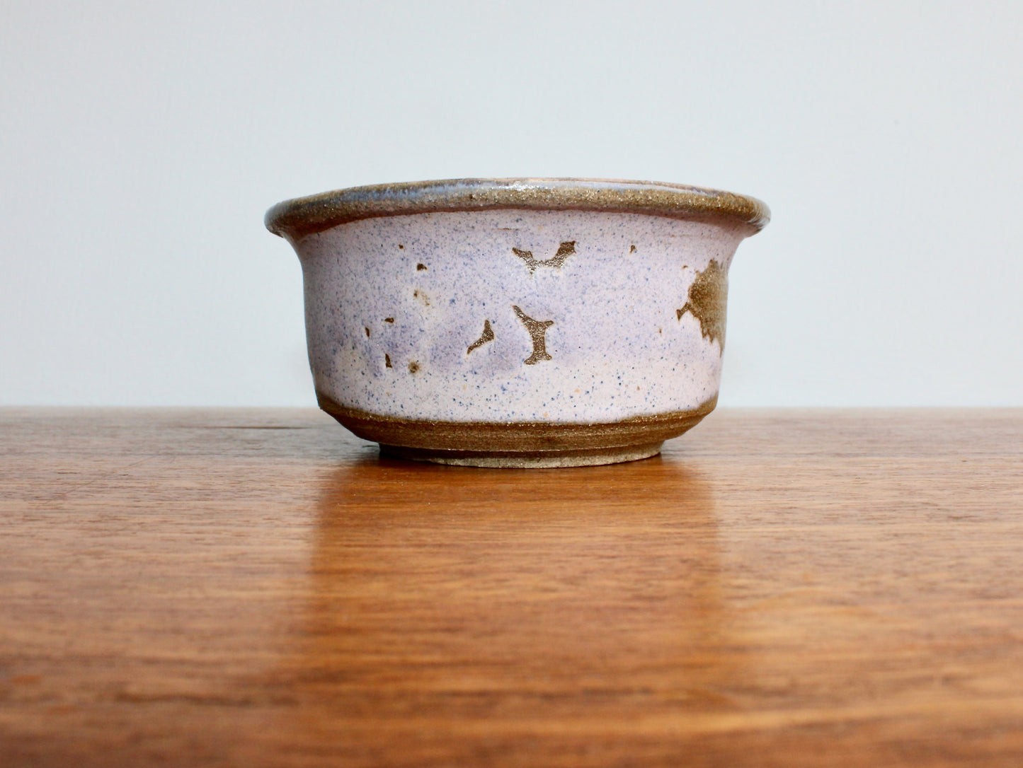 JK Pottery Stoneware Bowl - Crawling Matte Purple Exterior w/ Marbled Glossy Pink Rim & Orange-Yellow Interior - Vintage Handcrafted Studio Pottery