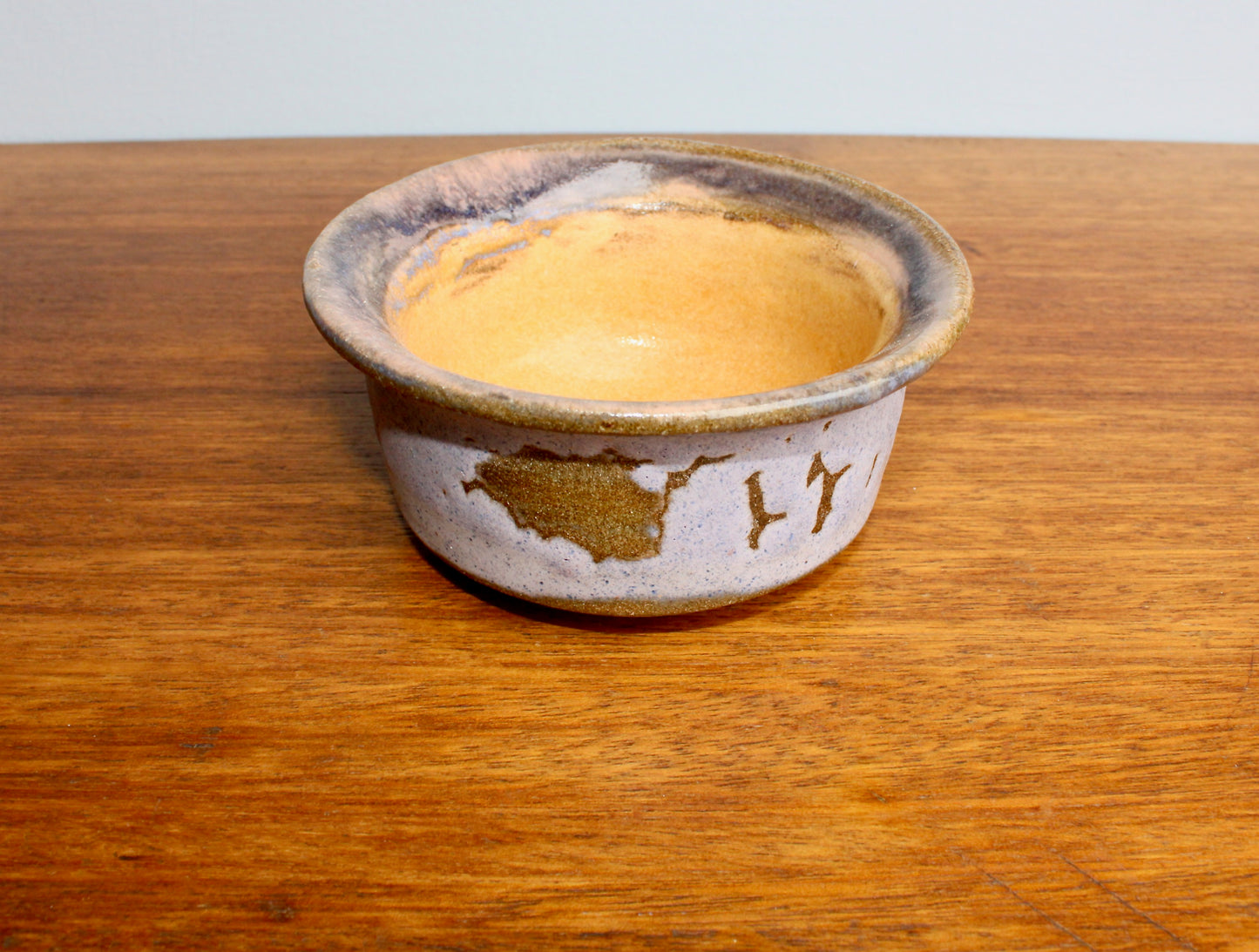 JK Pottery Stoneware Bowl - Crawling Matte Purple Exterior w/ Marbled Glossy Pink Rim & Orange-Yellow Interior - Vintage Handcrafted Studio Pottery