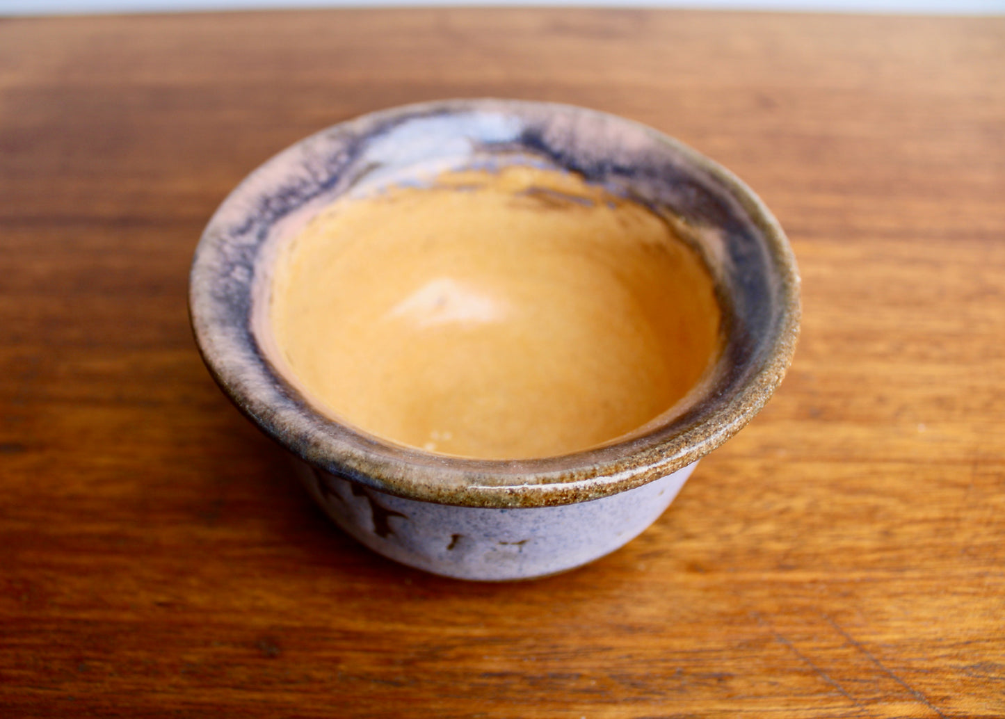 JK Pottery Stoneware Bowl - Crawling Matte Purple Exterior w/ Marbled Glossy Pink Rim & Orange-Yellow Interior - Vintage Handcrafted Studio Pottery