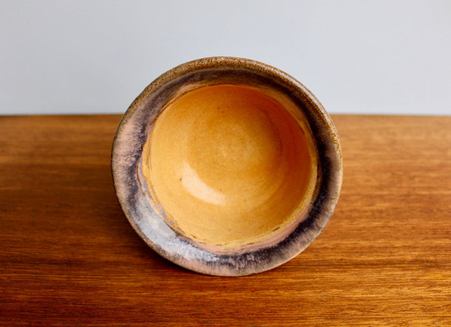 JK Pottery Stoneware Bowl - Crawling Matte Purple Exterior w/ Marbled Glossy Pink Rim & Orange-Yellow Interior - Vintage Handcrafted Studio Pottery