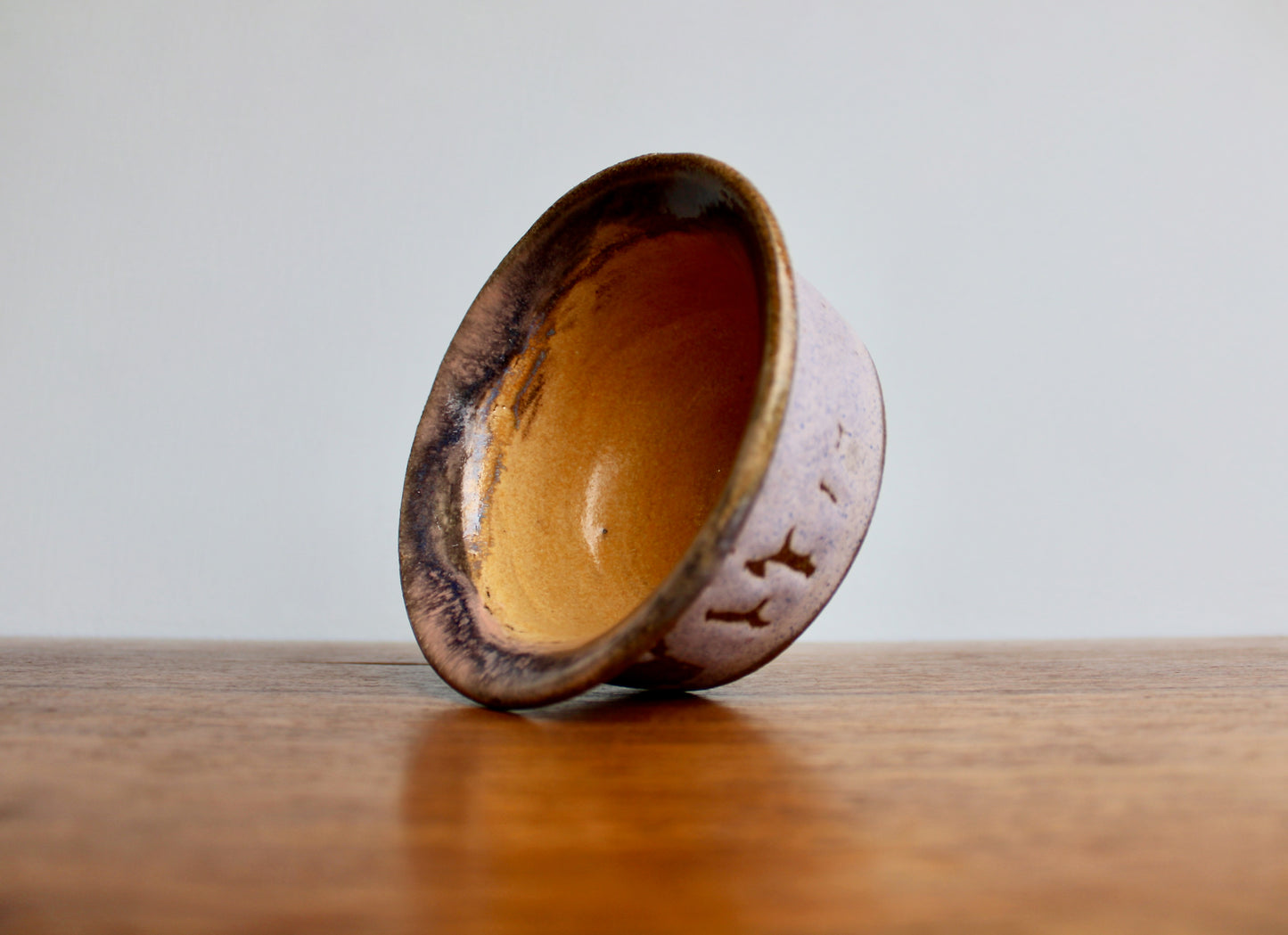 JK Pottery Stoneware Bowl - Crawling Matte Purple Exterior w/ Marbled Glossy Pink Rim & Orange-Yellow Interior - Vintage Handcrafted Studio Pottery