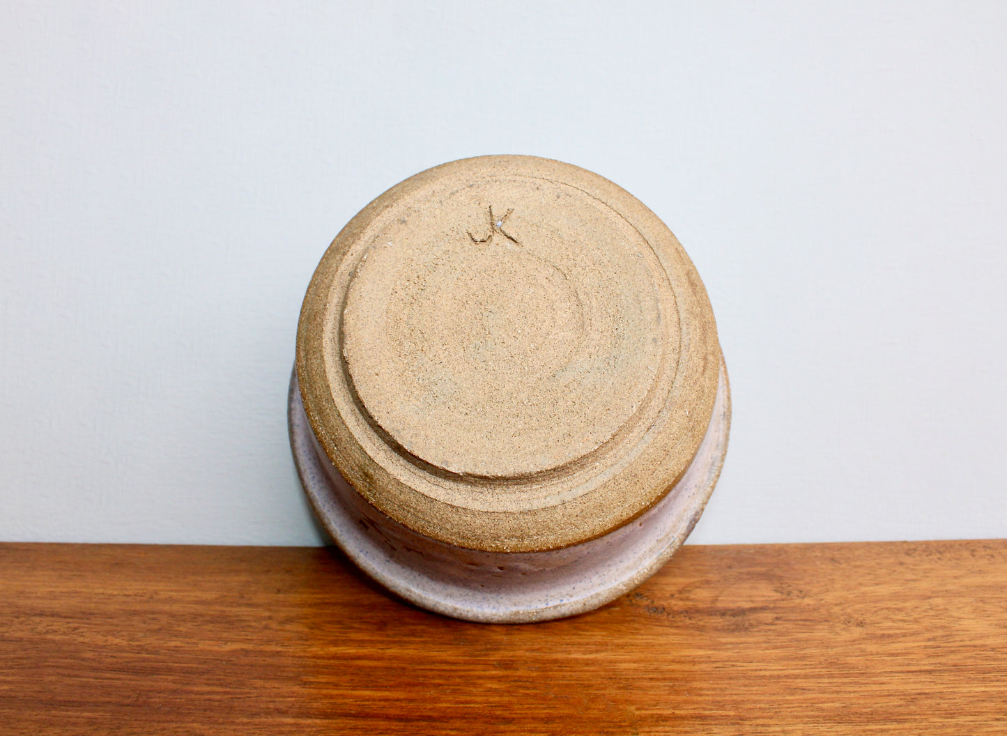 JK Pottery Stoneware Bowl - Crawling Matte Purple Exterior w/ Marbled Glossy Pink Rim & Orange-Yellow Interior - Vintage Handcrafted Studio Pottery