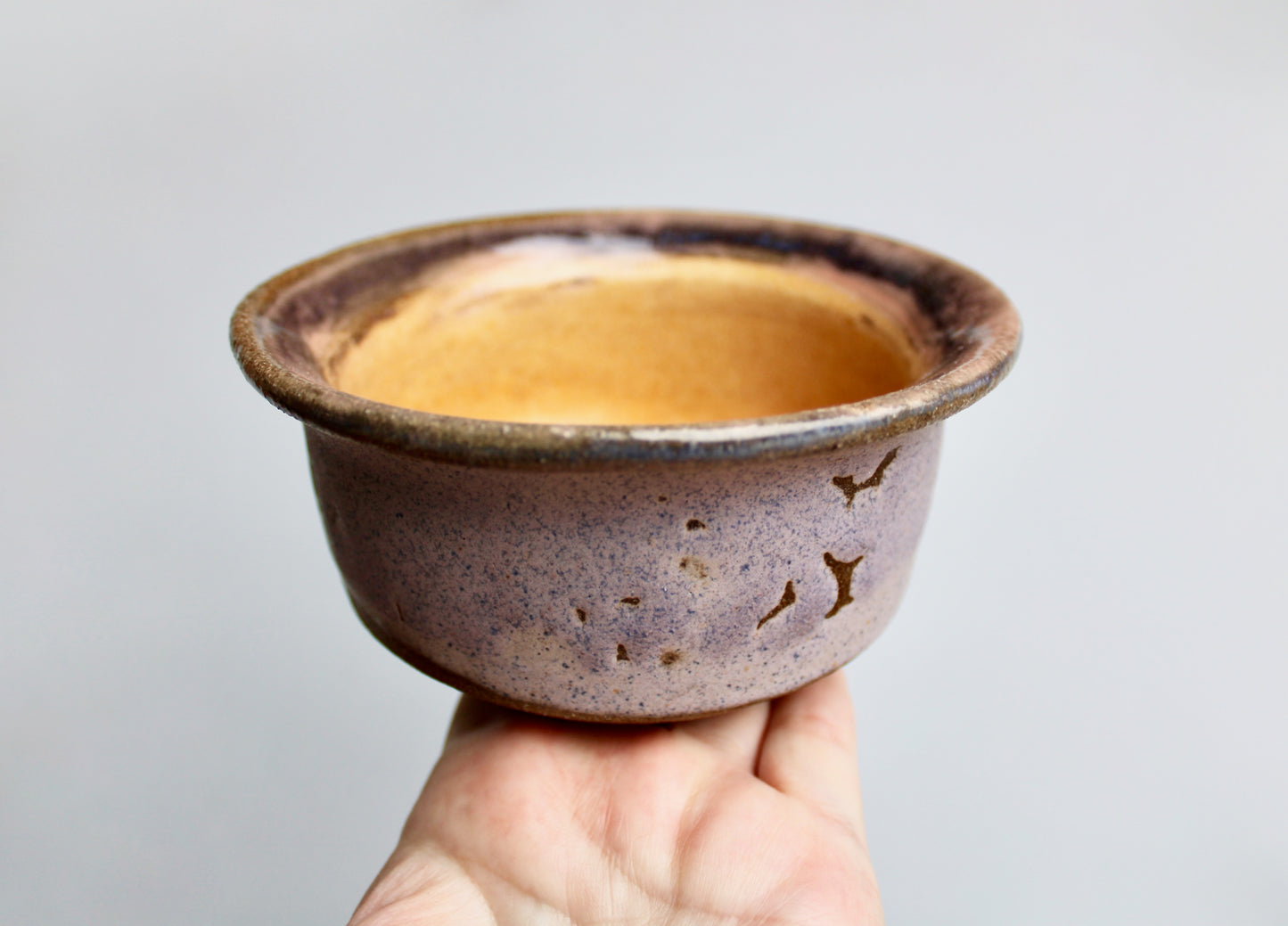 JK Pottery Stoneware Bowl - Crawling Matte Purple Exterior w/ Marbled Glossy Pink Rim & Orange-Yellow Interior - Vintage Handcrafted Studio Pottery