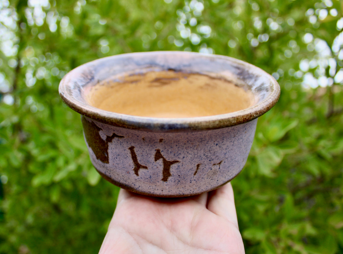 JK Pottery Stoneware Bowl - Crawling Matte Purple Exterior w/ Marbled Glossy Pink Rim & Orange-Yellow Interior - Vintage Handcrafted Studio Pottery