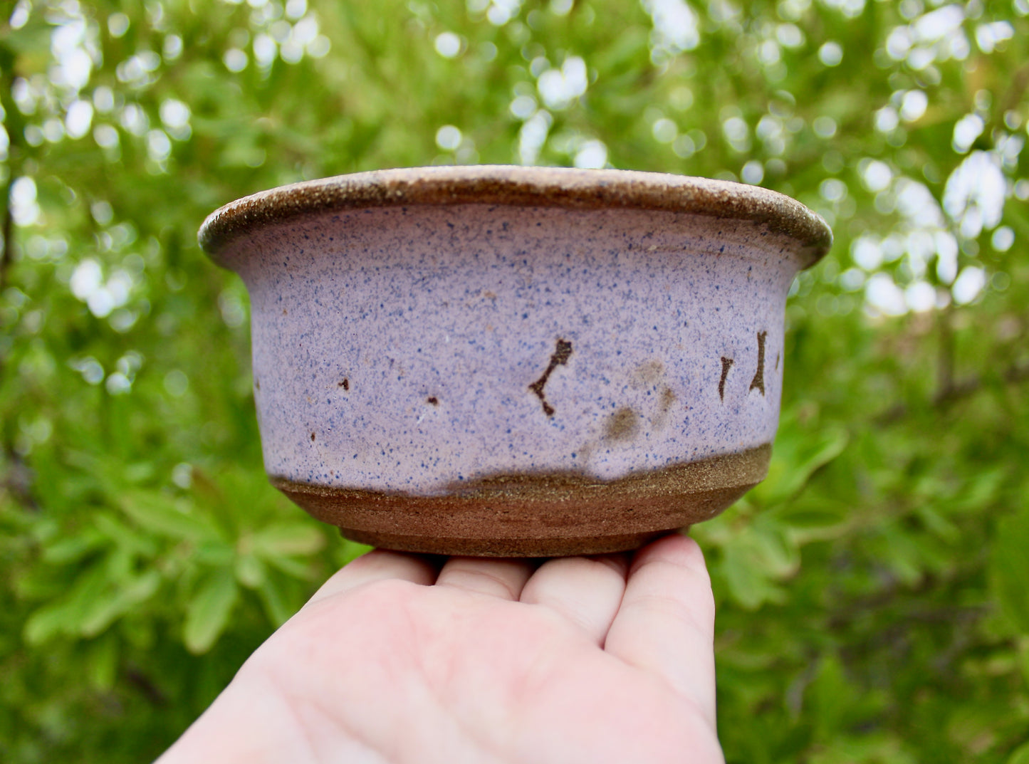 JK Pottery Stoneware Bowl - Crawling Matte Purple Exterior w/ Marbled Glossy Pink Rim & Orange-Yellow Interior - Vintage Handcrafted Studio Pottery