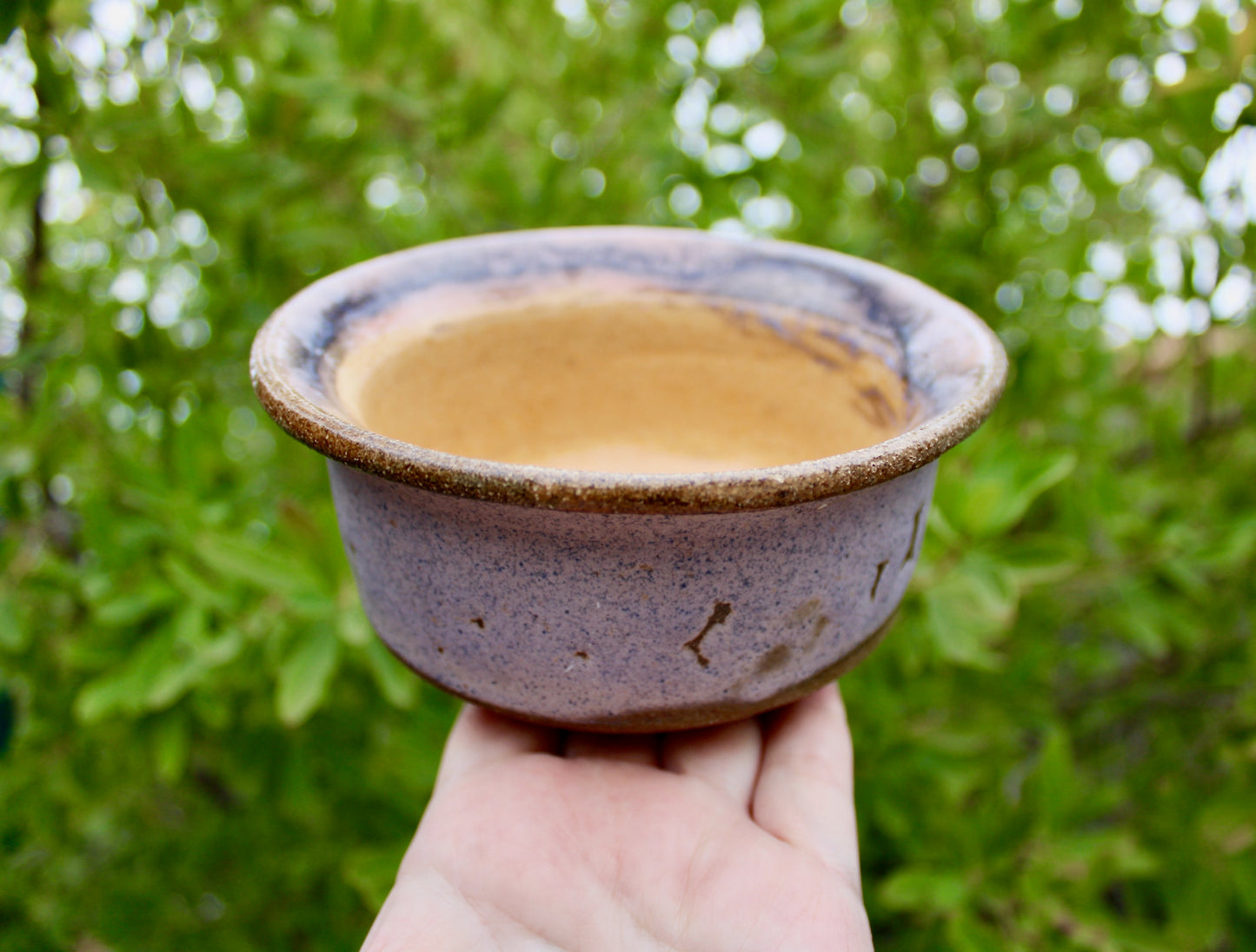 JK Pottery Stoneware Bowl - Crawling Matte Purple Exterior w/ Marbled Glossy Pink Rim & Orange-Yellow Interior - Vintage Handcrafted Studio Pottery