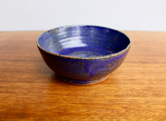 1970 Handmade Stoneware Bowl - Rough-Matte Iron-Rich Blue Glaze, Vintage Handcrafted Studio Pottery