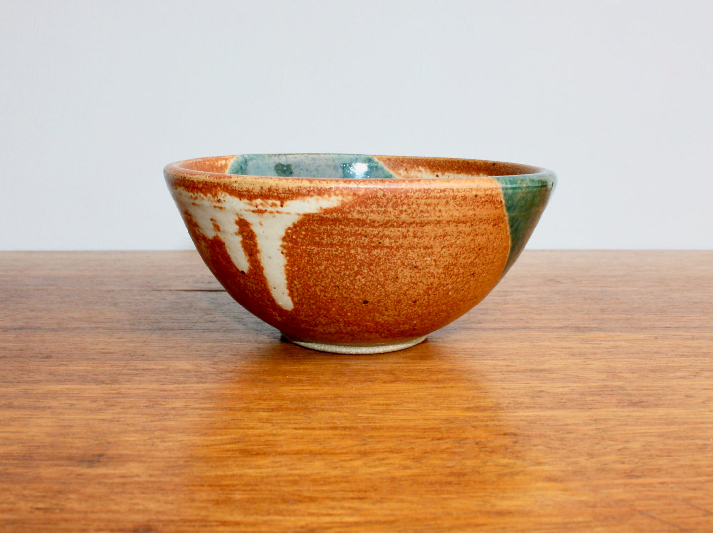 Shino Glazed Bowl w/ Drape of Glossy Green - Signed in Cursive Looping "Ly" - Perfect for Cereal & Ramen - Vintage Handcrafted Studio Pottery