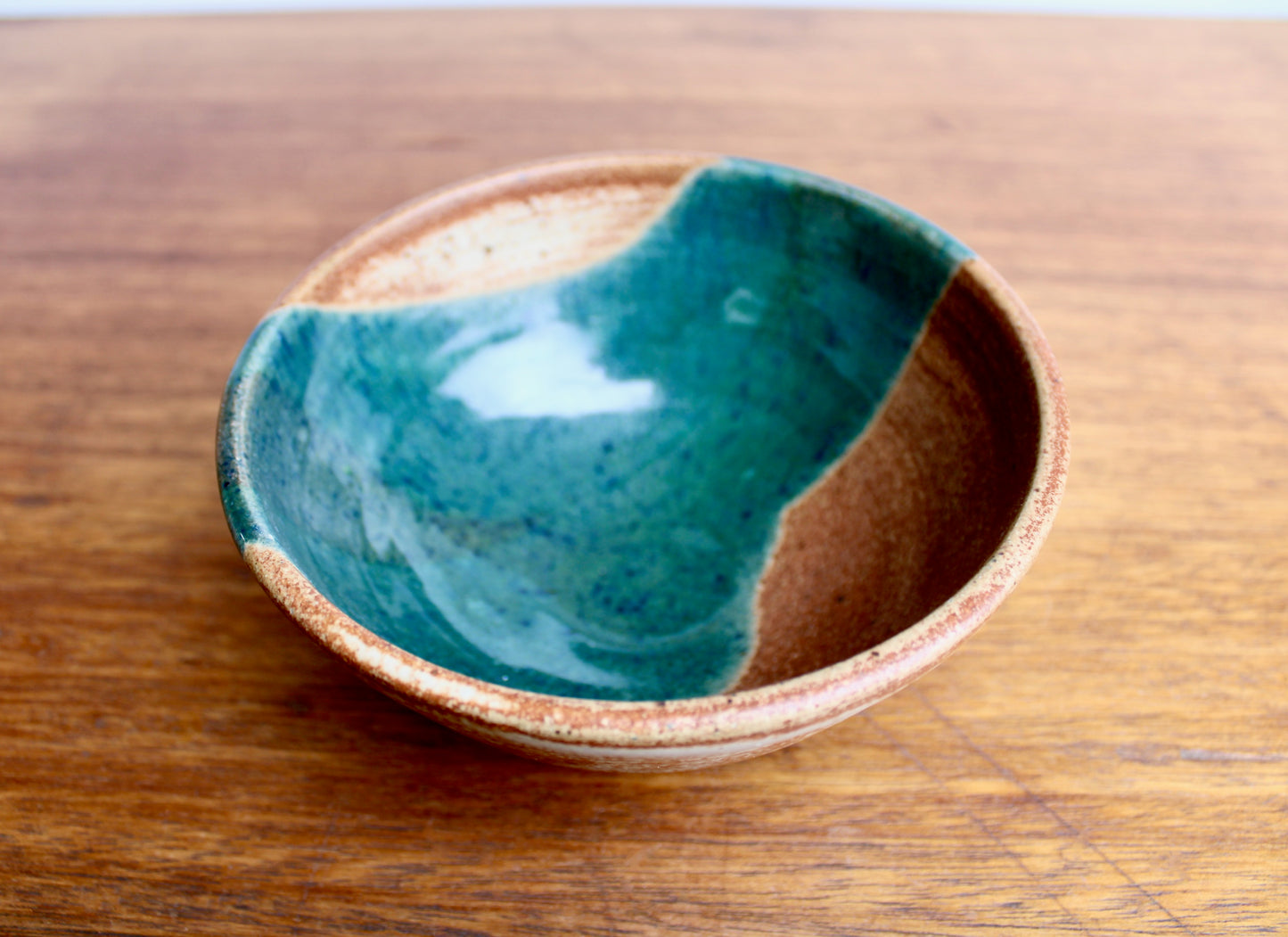 Shino Glazed Bowl w/ Drape of Glossy Green - Signed in Cursive Looping "Ly" - Perfect for Cereal & Ramen - Vintage Handcrafted Studio Pottery