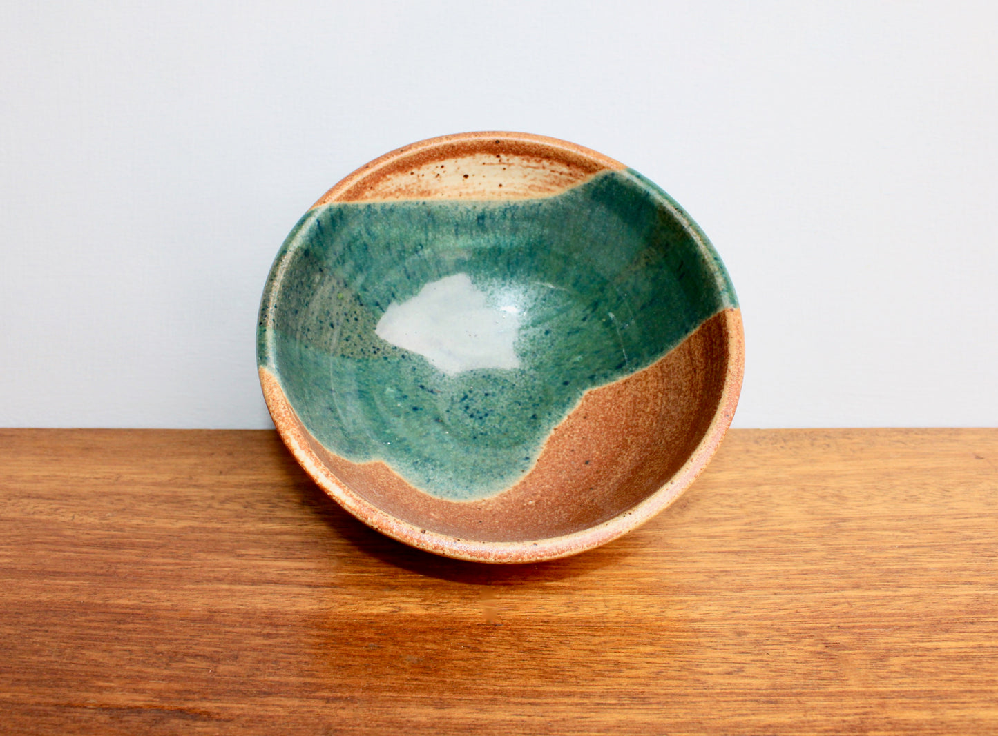 Shino Glazed Bowl w/ Drape of Glossy Green - Signed in Cursive Looping "Ly" - Perfect for Cereal & Ramen - Vintage Handcrafted Studio Pottery