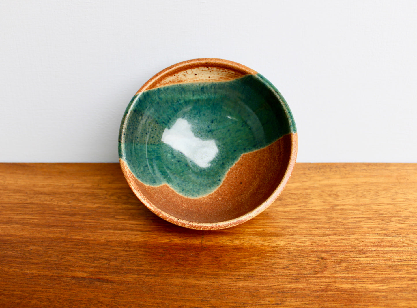 Shino Glazed Bowl w/ Drape of Glossy Green - Signed in Cursive Looping "Ly" - Perfect for Cereal & Ramen - Vintage Handcrafted Studio Pottery