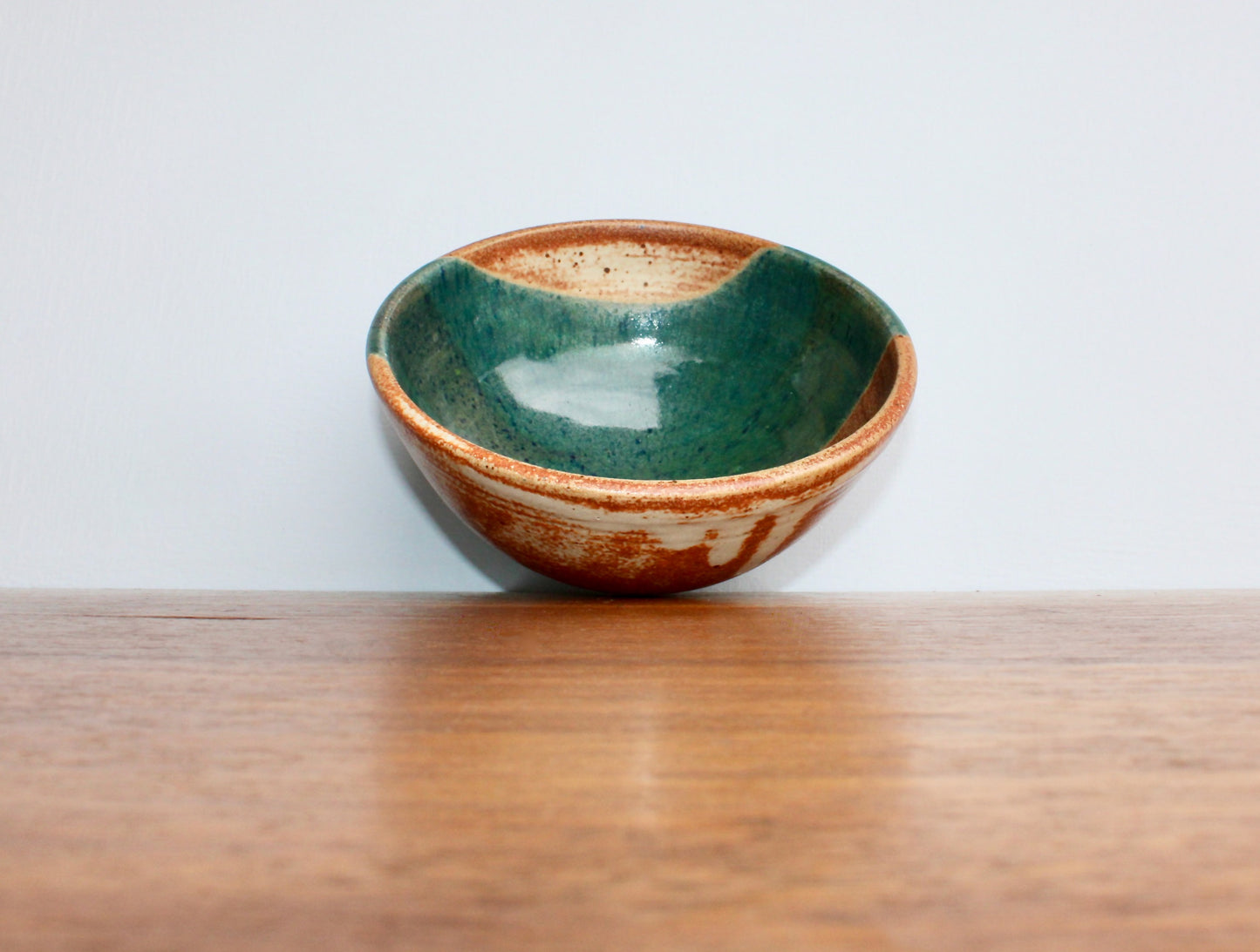 Shino Glazed Bowl w/ Drape of Glossy Green - Signed in Cursive Looping "Ly" - Perfect for Cereal & Ramen - Vintage Handcrafted Studio Pottery