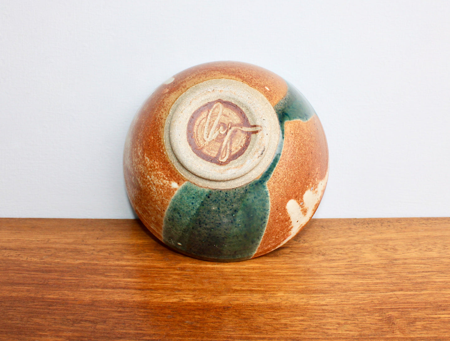 Shino Glazed Bowl w/ Drape of Glossy Green - Signed in Cursive Looping "Ly" - Perfect for Cereal & Ramen - Vintage Handcrafted Studio Pottery