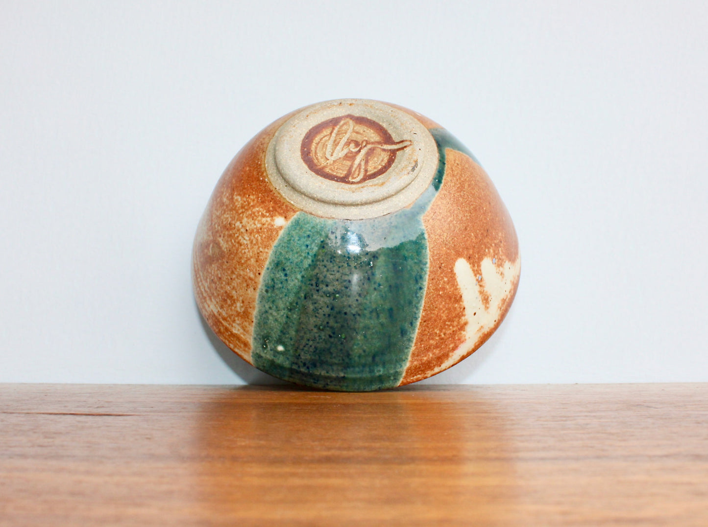 Shino Glazed Bowl w/ Drape of Glossy Green - Signed in Cursive Looping "Ly" - Perfect for Cereal & Ramen - Vintage Handcrafted Studio Pottery