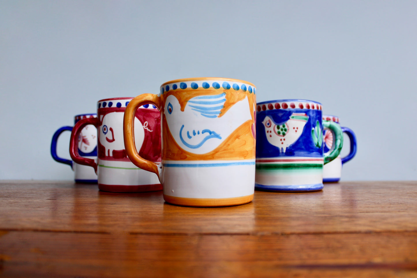 SOLD:  1984 Italy Vietri Mug in Campagna Bird (Uccello) Decoration - Yellow-Orange Mid Century Italy Earthenware