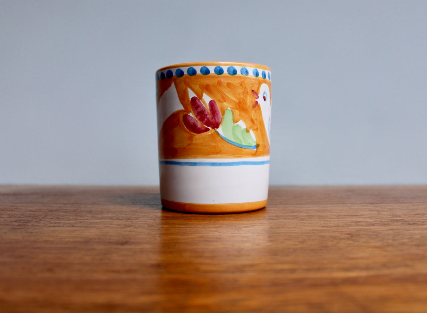 SOLD:  1984 Italy Vietri Mug in Campagna Bird (Uccello) Decoration - Yellow-Orange Mid Century Italy Earthenware