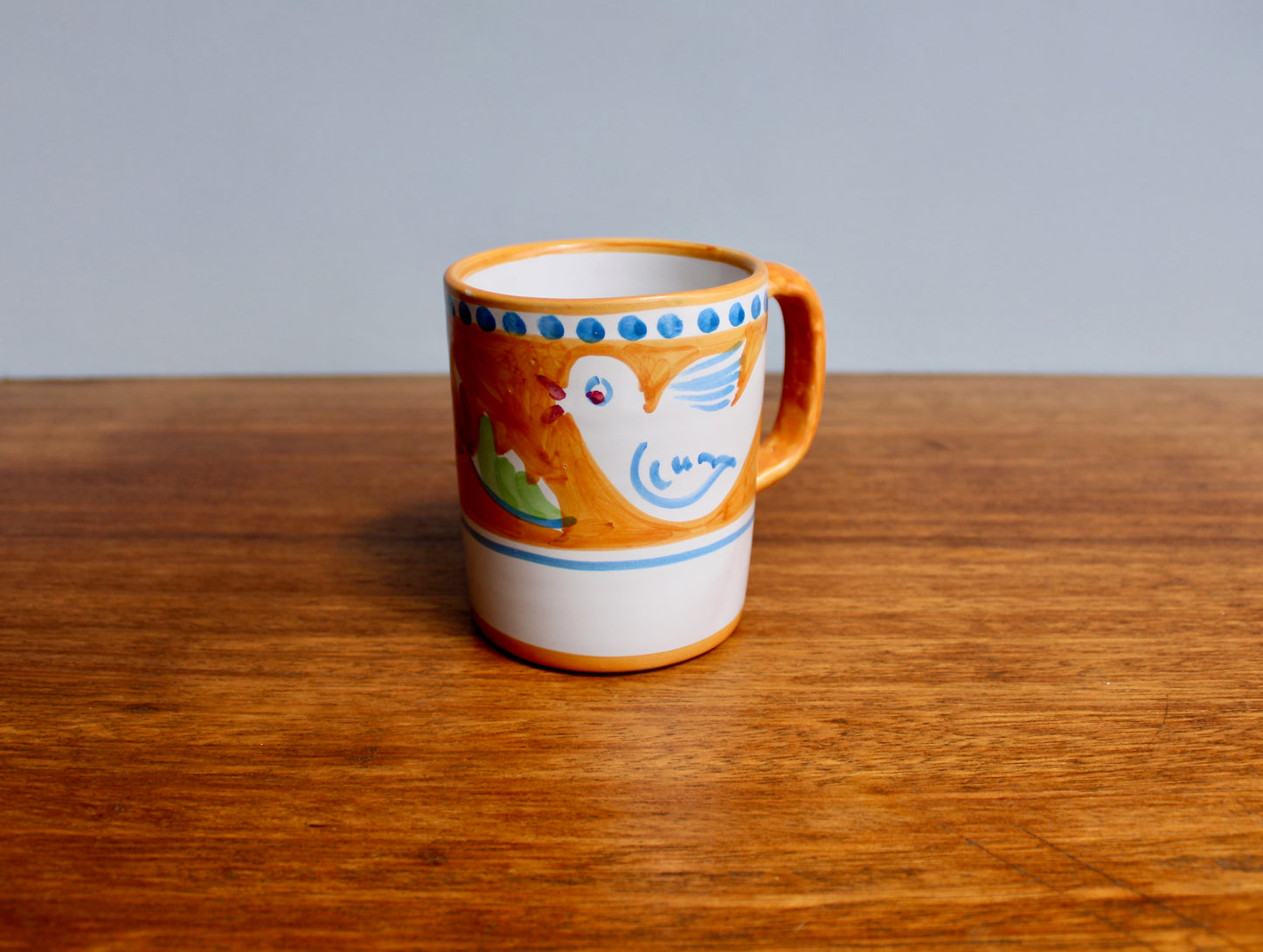 SOLD:  1984 Italy Vietri Mug in Campagna Bird (Uccello) Decoration - Yellow-Orange Mid Century Italy Earthenware