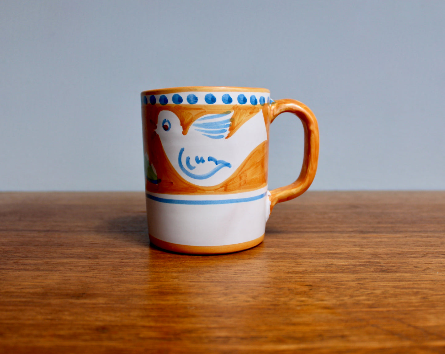 SOLD:  1984 Italy Vietri Mug in Campagna Bird (Uccello) Decoration - Yellow-Orange Mid Century Italy Earthenware