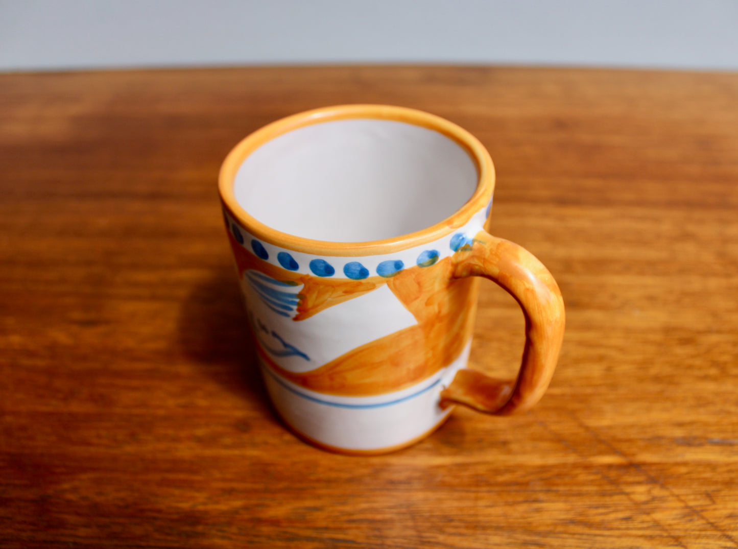 SOLD:  1984 Italy Vietri Mug in Campagna Bird (Uccello) Decoration - Yellow-Orange Mid Century Italy Earthenware