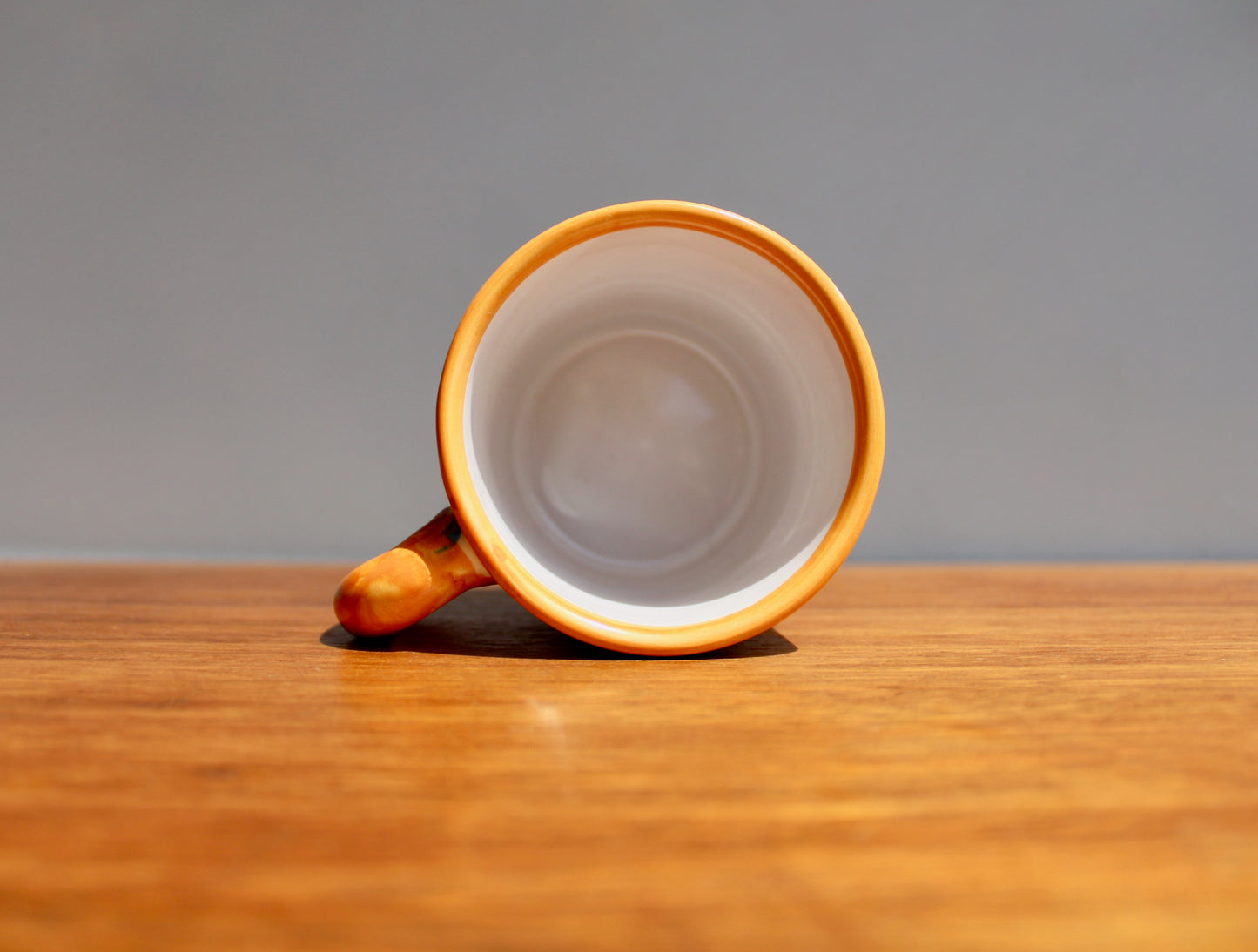 SOLD:  1984 Italy Vietri Mug in Campagna Bird (Uccello) Decoration - Yellow-Orange Mid Century Italy Earthenware