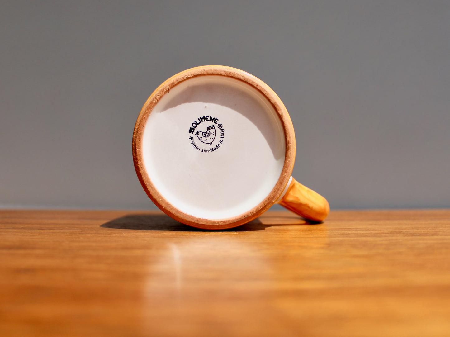 SOLD:  1984 Italy Vietri Mug in Campagna Bird (Uccello) Decoration - Yellow-Orange Mid Century Italy Earthenware