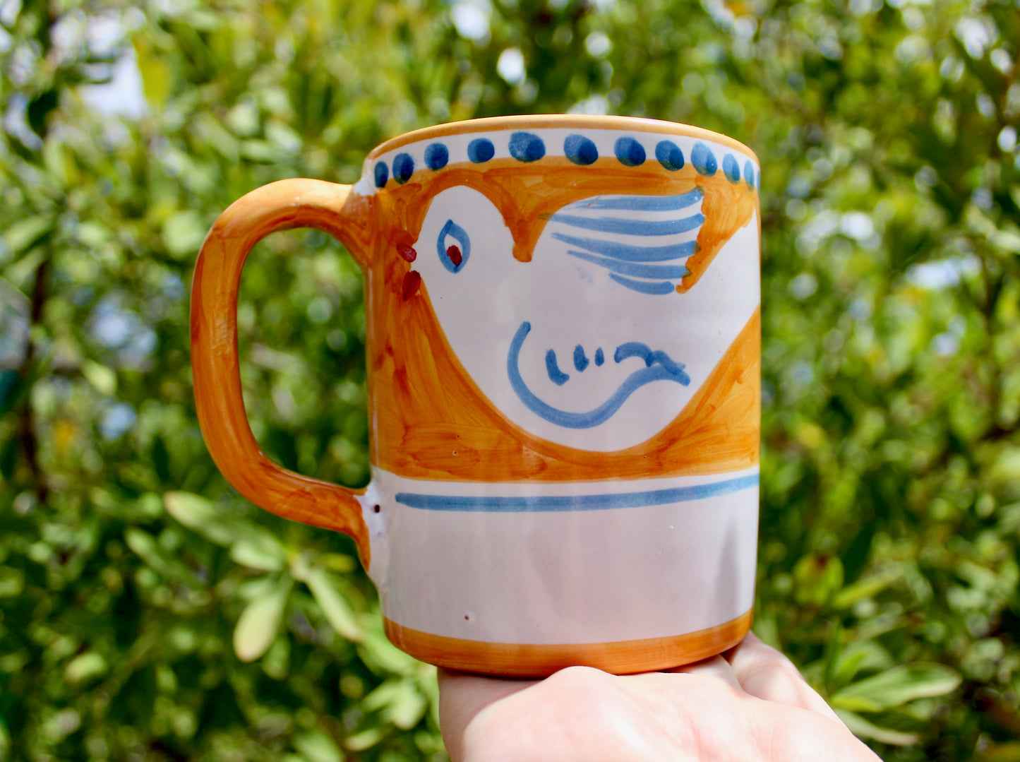 SOLD:  1984 Italy Vietri Mug in Campagna Bird (Uccello) Decoration - Yellow-Orange Mid Century Italy Earthenware