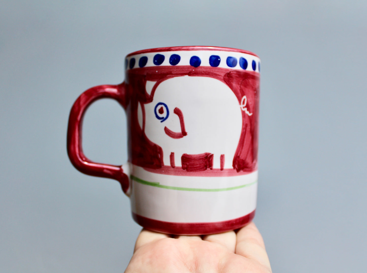 SOLD: 1984 Italy Vietri Mug in Campagna Pig (Porco) Decoration - Red Mid Century Italy Redware