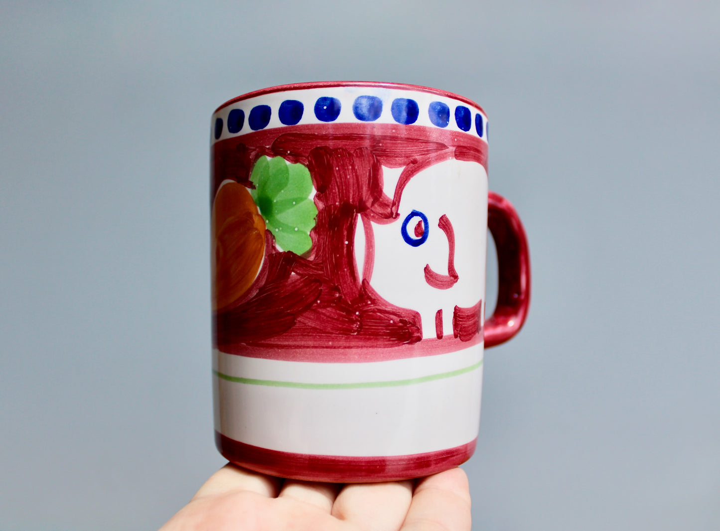 SOLD: 1984 Italy Vietri Mug in Campagna Pig (Porco) Decoration - Red Mid Century Italy Redware