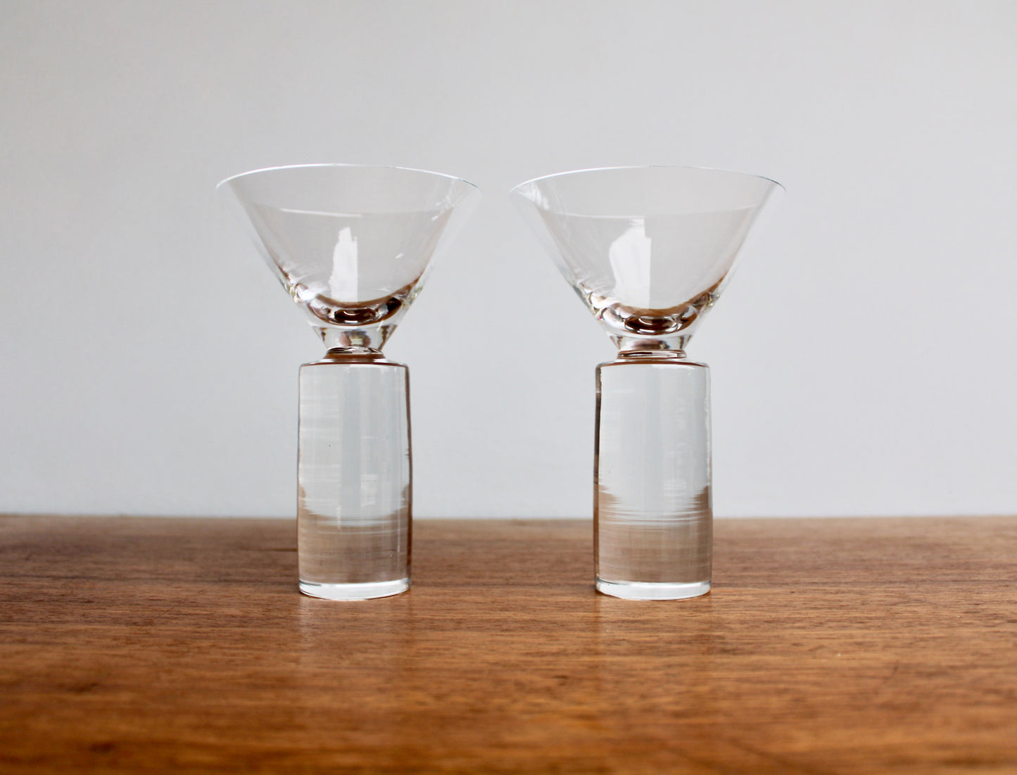 SOLD:  Pair of Colonnade Martini Glasses by Sasaki Japan - Modern Crystal Barware - New Vintage 1990s Japanese Glass Design - Vintage Modern Stoneware Japan