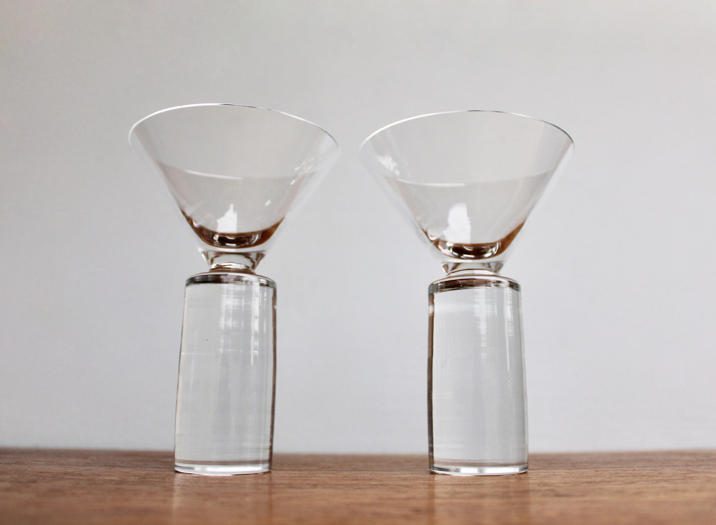 SOLD:  Pair of Colonnade Martini Glasses by Sasaki Japan - Modern Crystal Barware - New Vintage 1990s Japanese Glass Design - Vintage Modern Stoneware Japan