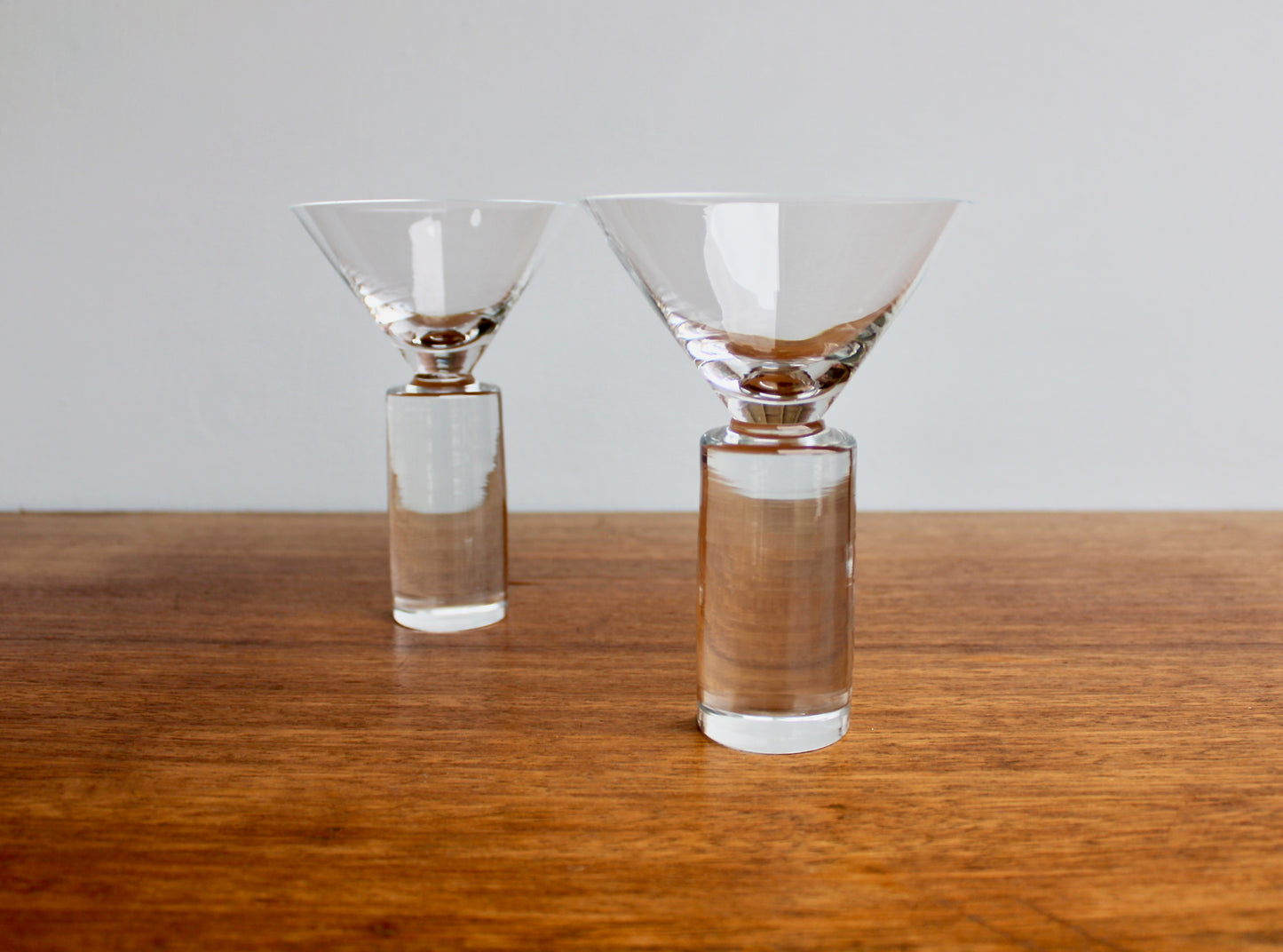 SOLD:  Pair of Colonnade Martini Glasses by Sasaki Japan - Modern Crystal Barware - New Vintage 1990s Japanese Glass Design - Vintage Modern Stoneware Japan