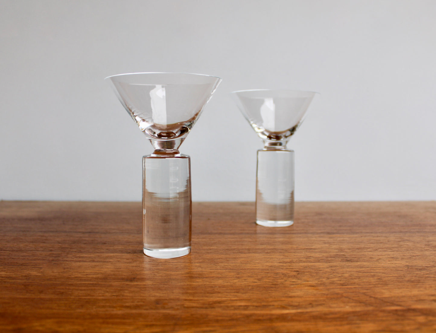 SOLD:  Pair of Colonnade Martini Glasses by Sasaki Japan - Modern Crystal Barware - New Vintage 1990s Japanese Glass Design - Vintage Modern Stoneware Japan