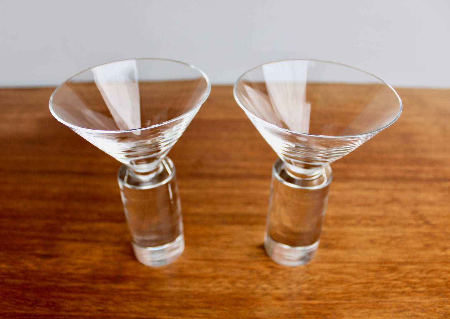 SOLD:  Pair of Colonnade Martini Glasses by Sasaki Japan - Modern Crystal Barware - New Vintage 1990s Japanese Glass Design - Vintage Modern Stoneware Japan