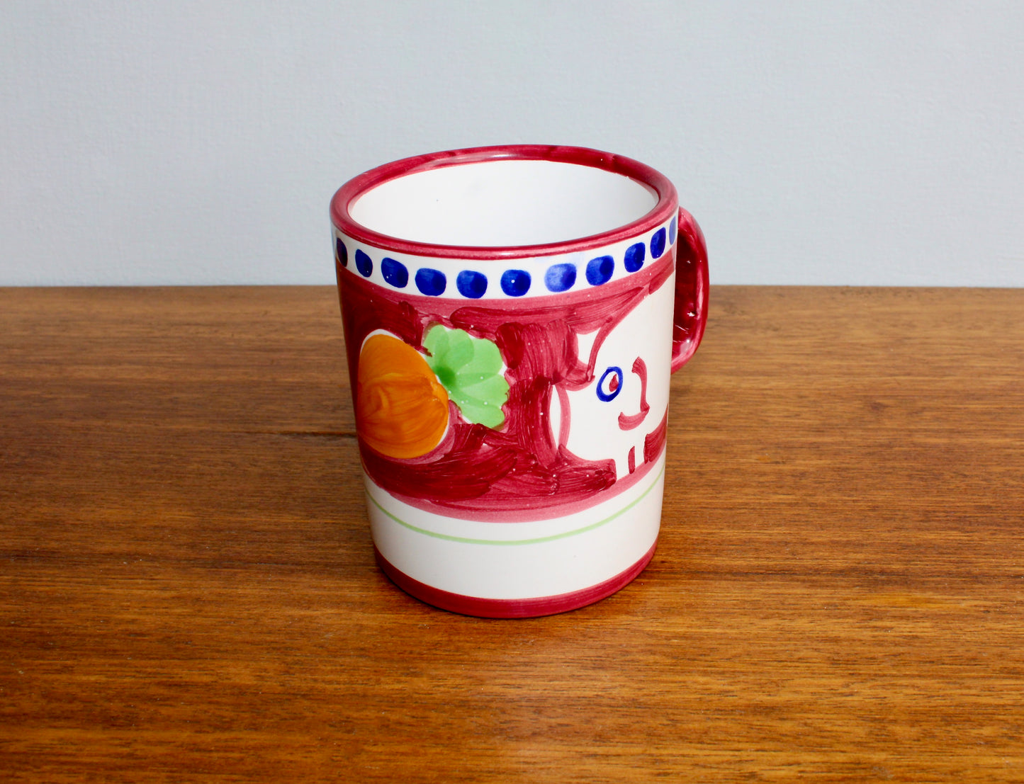 SOLD: 1984 Italy Vietri Mug in Campagna Pig (Porco) Decoration - Red Mid Century Italy Redware