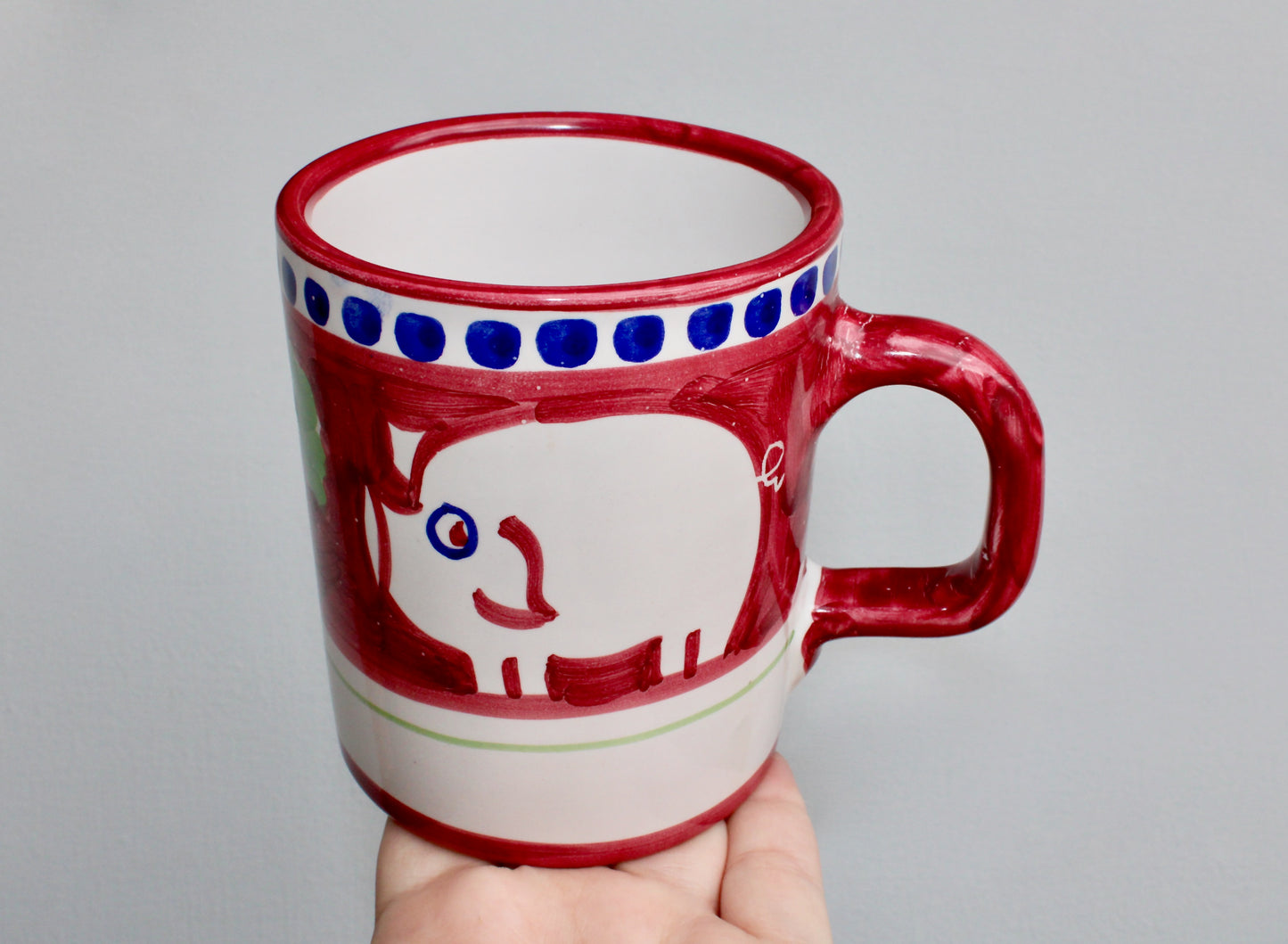 SOLD: 1984 Italy Vietri Mug in Campagna Pig (Porco) Decoration - Red Mid Century Italy Redware