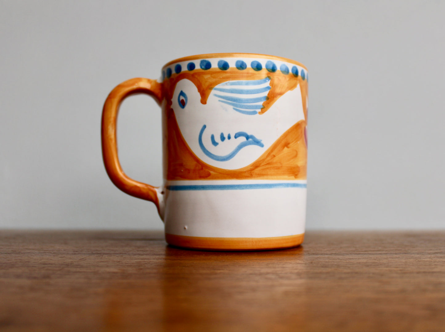 SOLD:  1984 Italy Vietri Mug in Campagna Bird (Uccello) Decoration - Yellow-Orange Mid Century Italy Earthenware