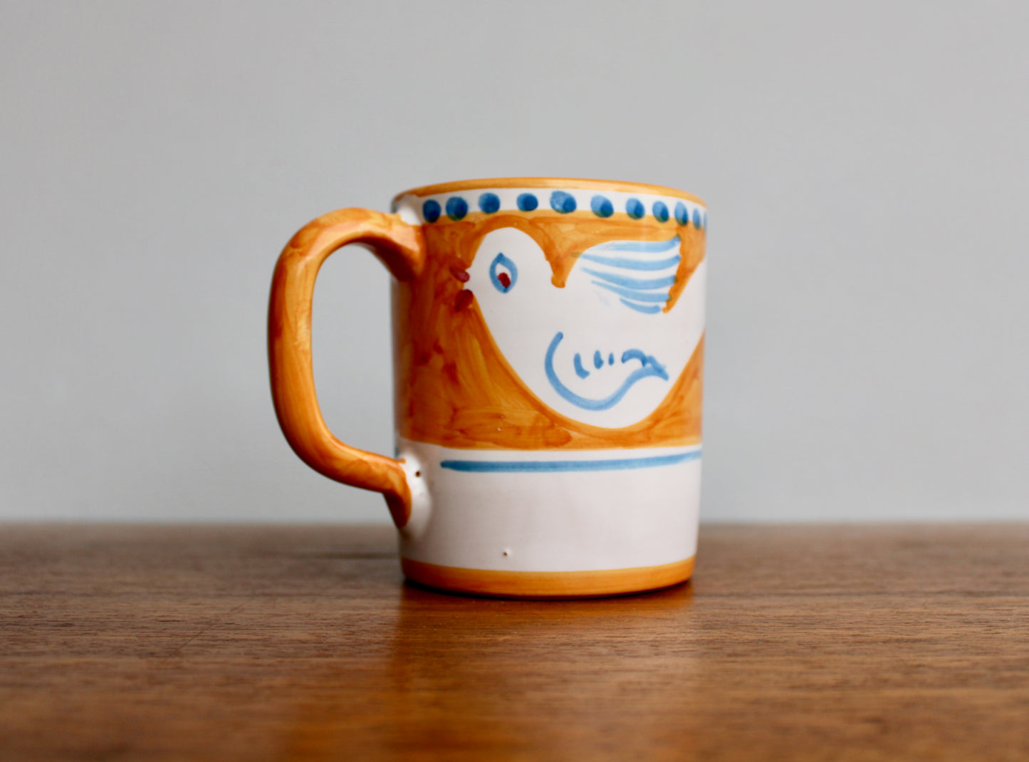 SOLD:  1984 Italy Vietri Mug in Campagna Bird (Uccello) Decoration - Yellow-Orange Mid Century Italy Earthenware