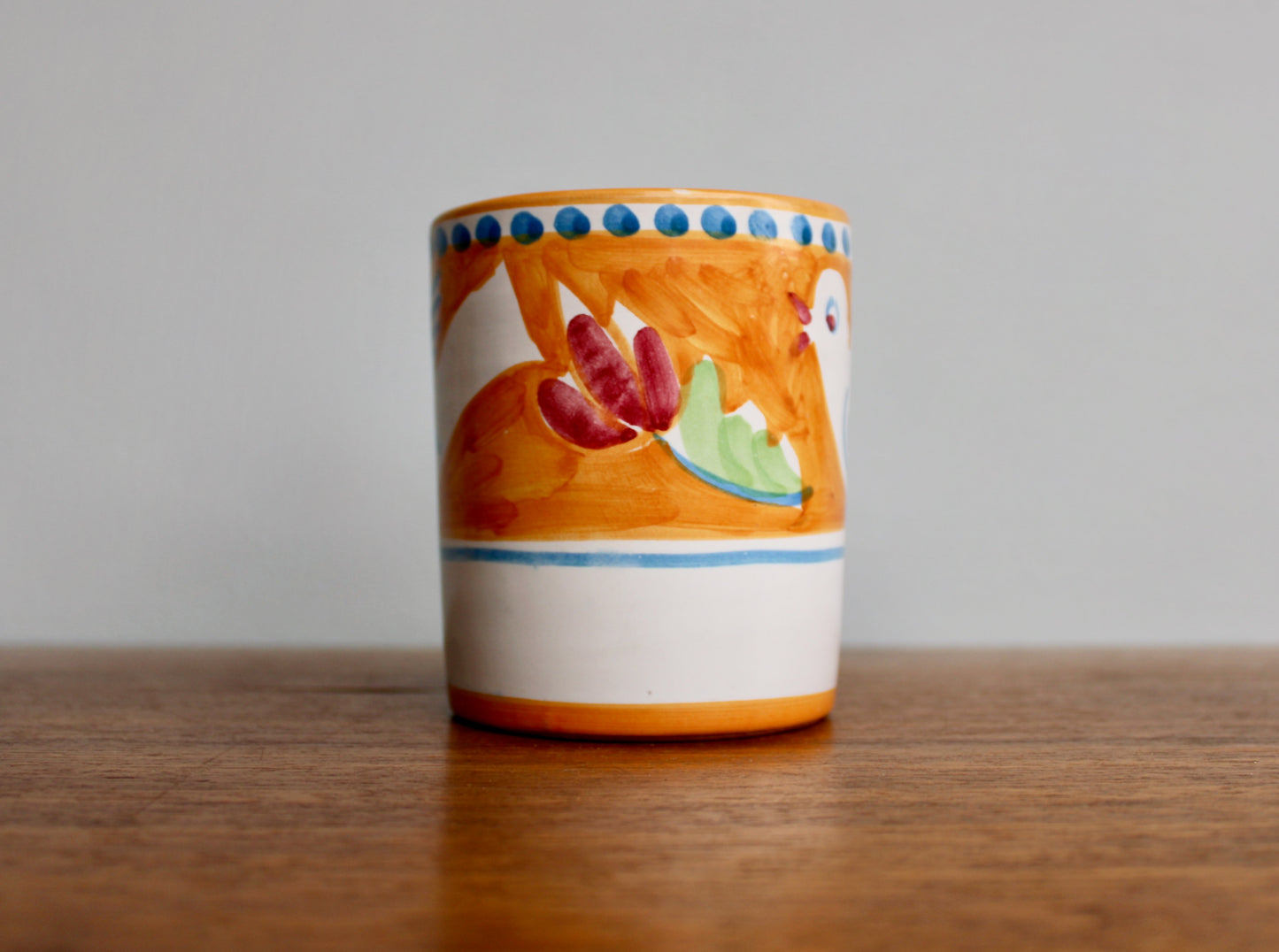 SOLD:  1984 Italy Vietri Mug in Campagna Bird (Uccello) Decoration - Yellow-Orange Mid Century Italy Earthenware