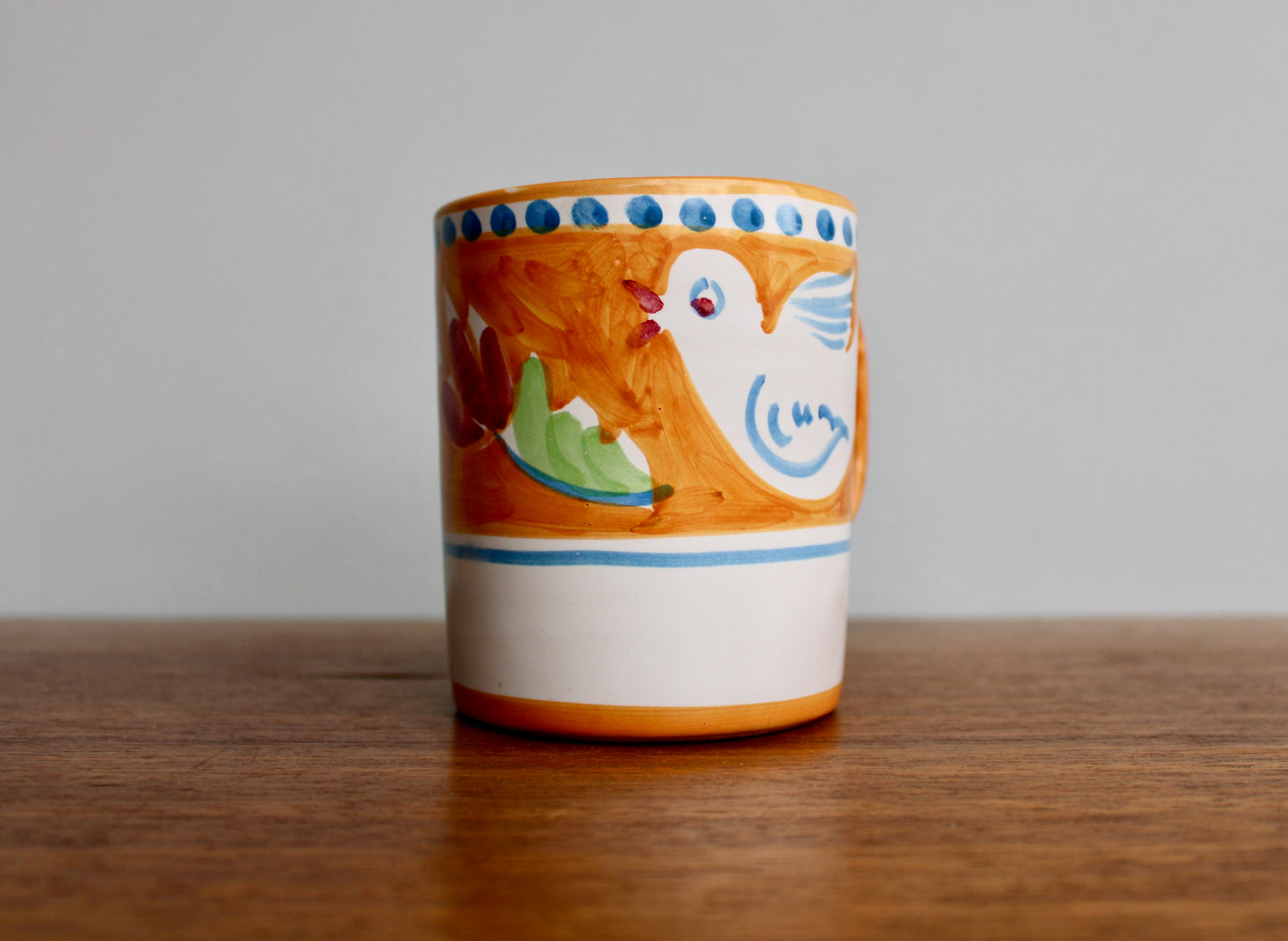 SOLD:  1984 Italy Vietri Mug in Campagna Bird (Uccello) Decoration - Yellow-Orange Mid Century Italy Earthenware